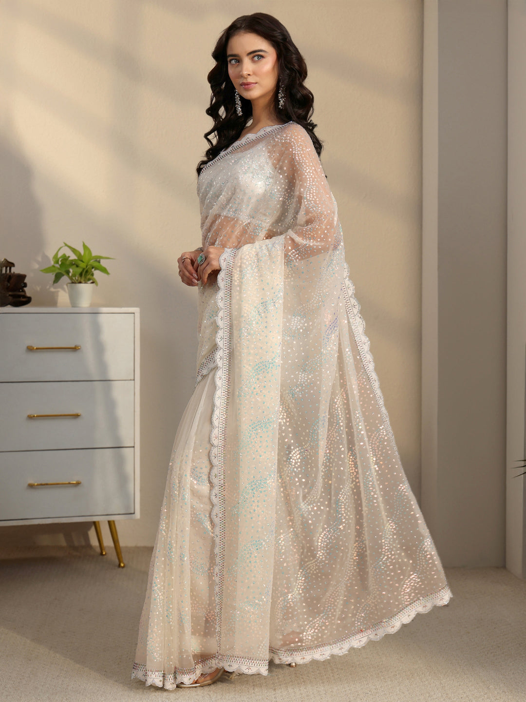  Libas Cream Embellished Chiffon Saree with Scalloped Border 