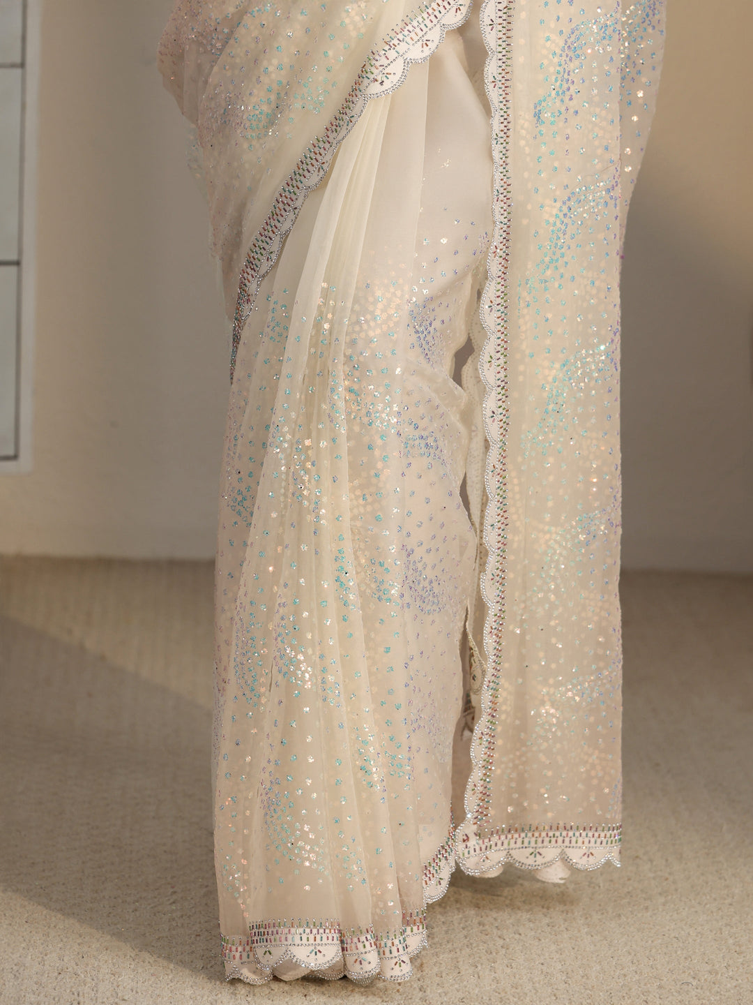  Libas Cream Embellished Chiffon Saree with Scalloped Border 