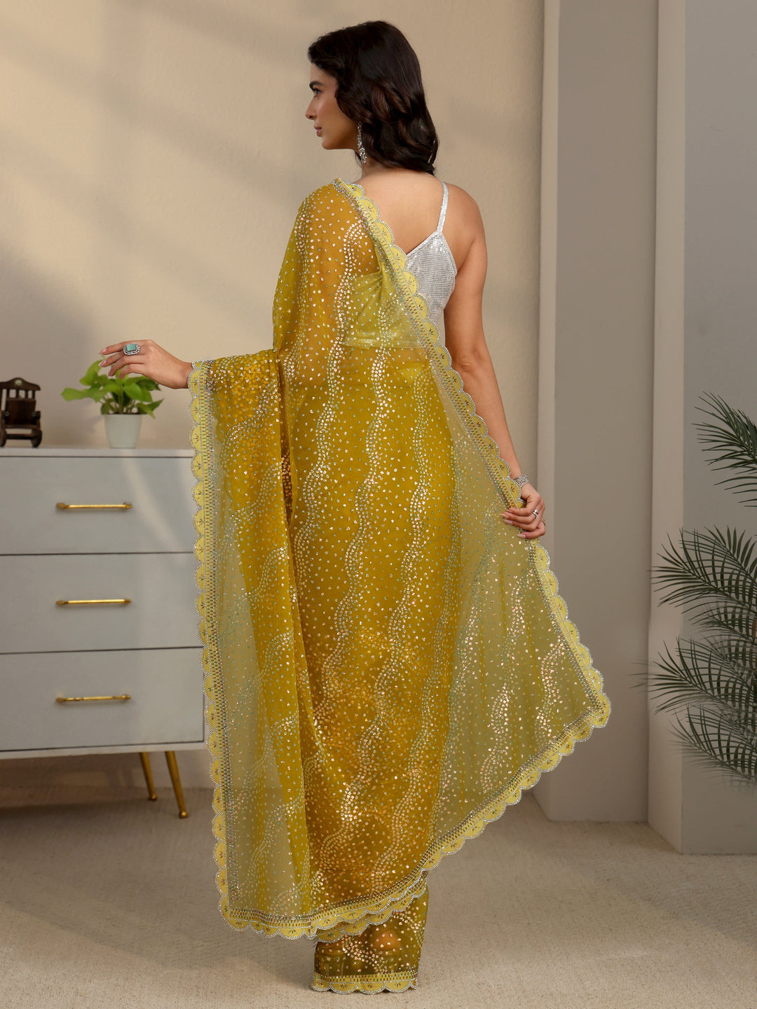  Libas Mustard Embellished Chiffon Saree with Scalloped Border 