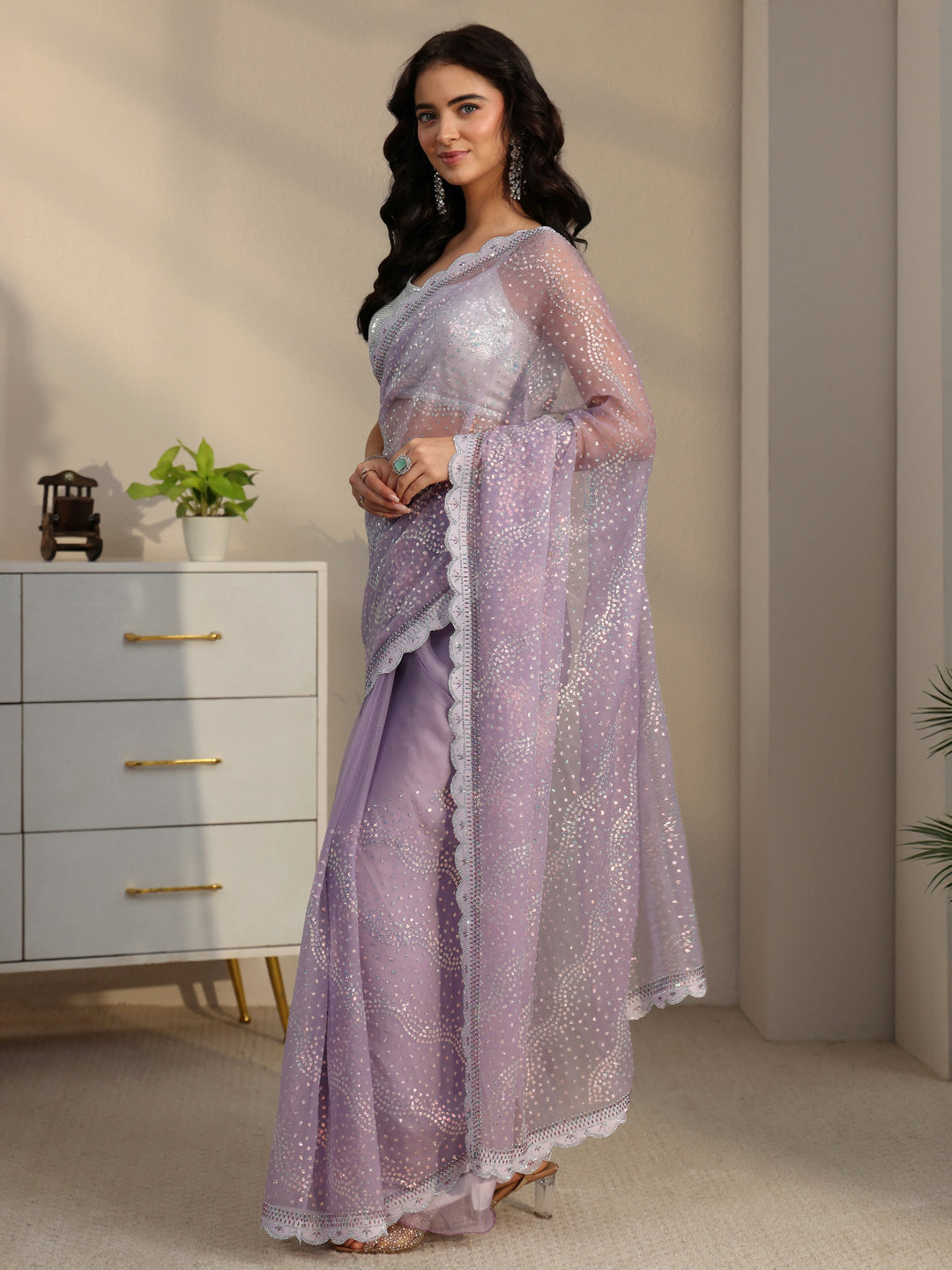  Libas Lavender Embellished Chiffon Saree with Scalloped Border 