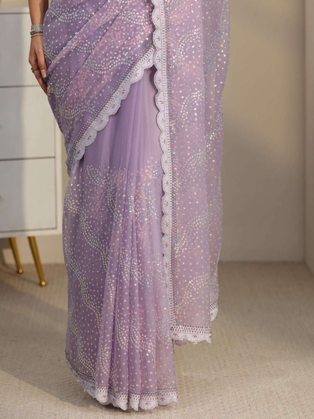  Libas Lavender Embellished Chiffon Saree with Scalloped Border 