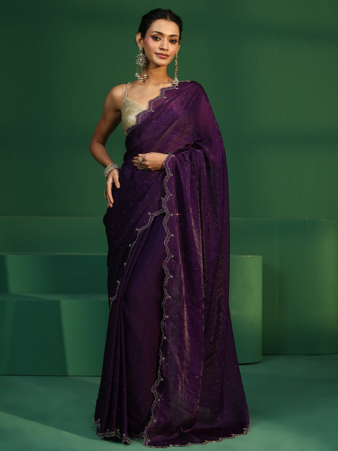  Libas Regal Purple Embellished Tissue Saree 
