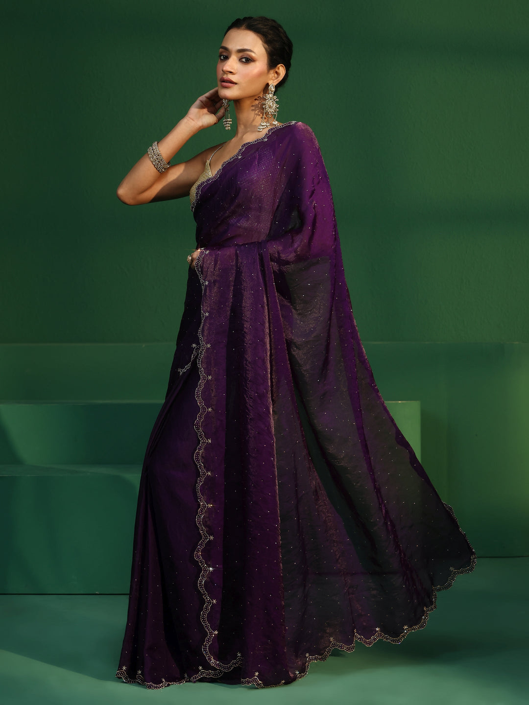  Libas Regal Purple Embellished Tissue Saree 
