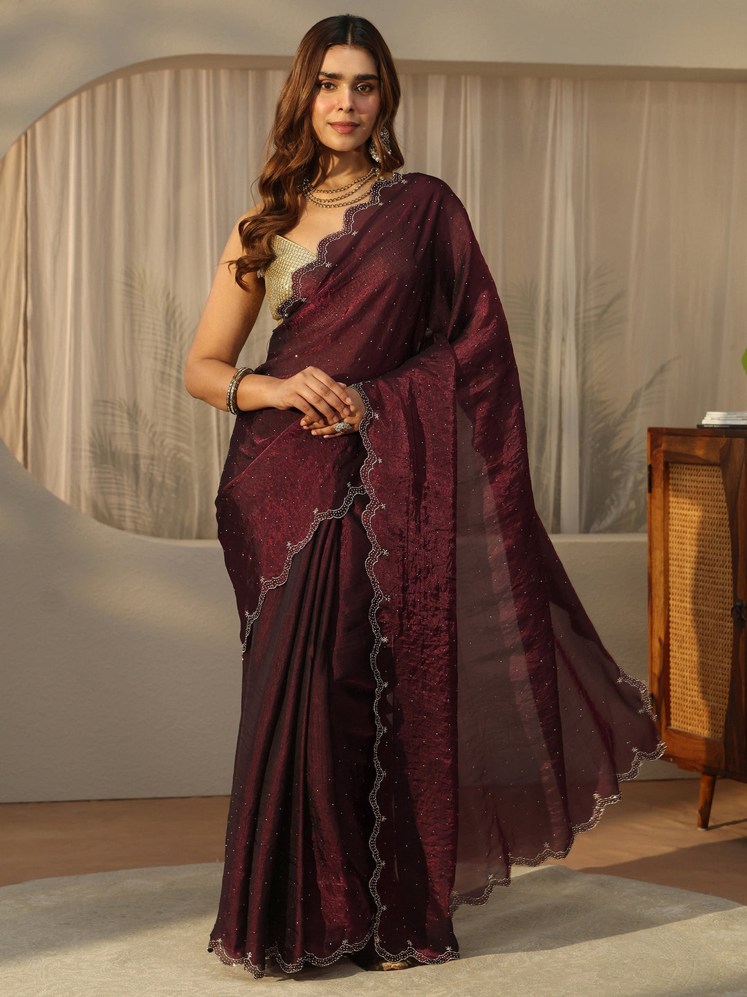  Libas Maroon Floral Embellished Tissue Saree with Scalloped Border 