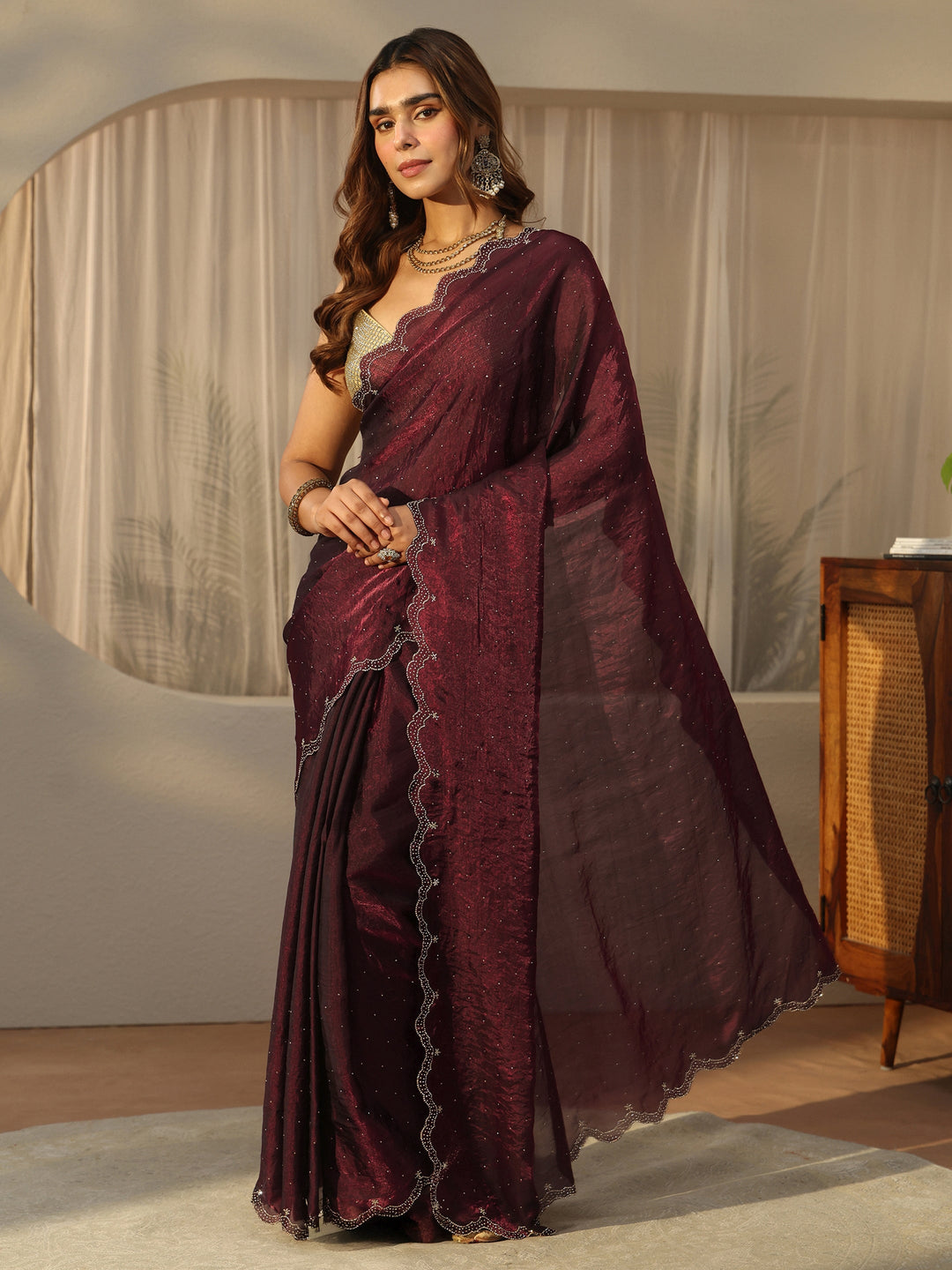  Libas Maroon Floral Embellished Tissue Saree with Scalloped Border 