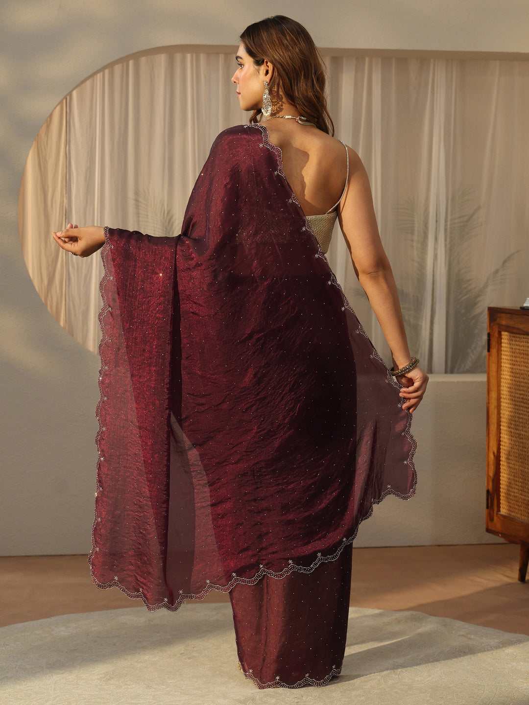  Libas Maroon Floral Embellished Tissue Saree with Scalloped Border 