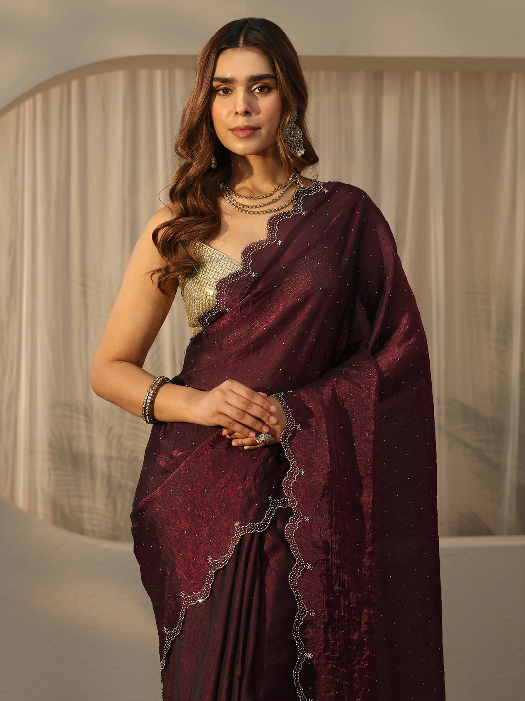  Libas Maroon Floral Embellished Tissue Saree with Scalloped Border 
