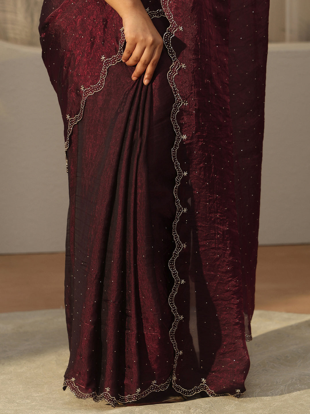  Libas Maroon Floral Embellished Tissue Saree with Scalloped Border 
