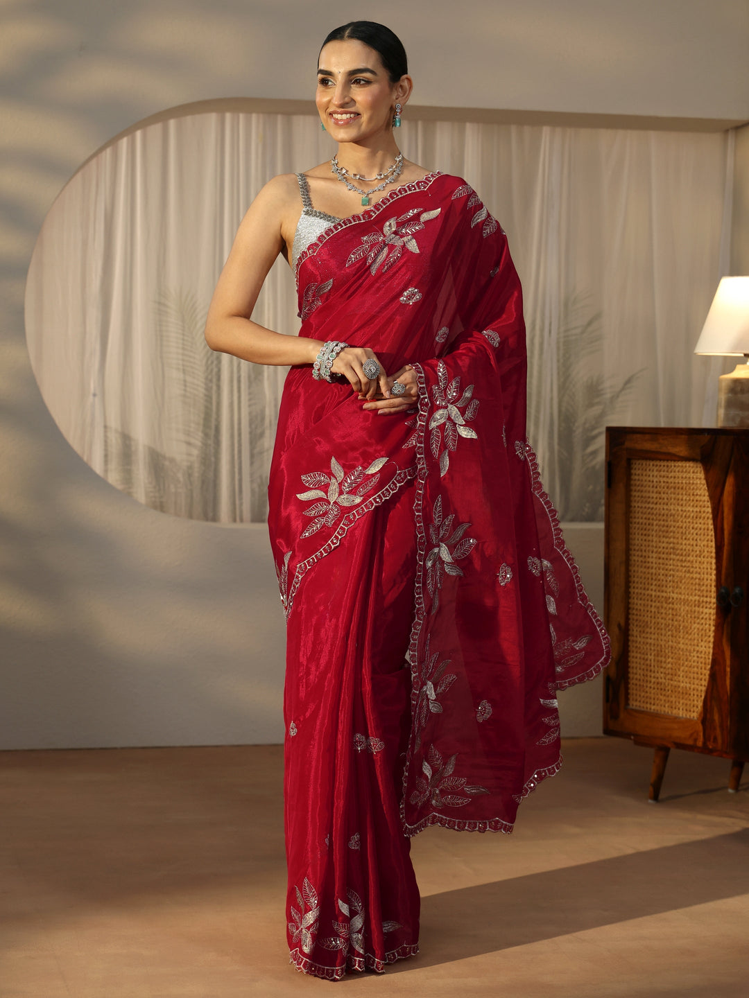  Libas Crimson Red Sequin Embellished Leafy Pattern Satin Saree 
