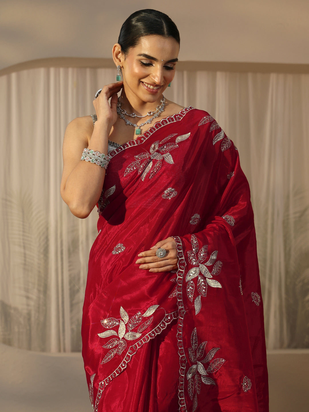  Libas Crimson Red Sequin Embellished Leafy Pattern Satin Saree 