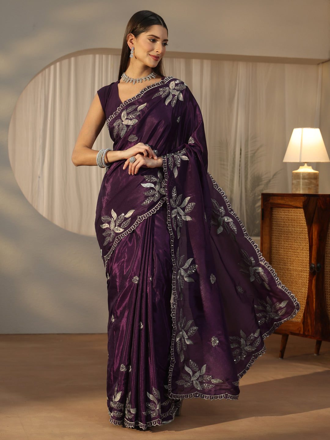  Libas Imperial Purple Sequin Embellished Leafy Pattern Satin Saree 