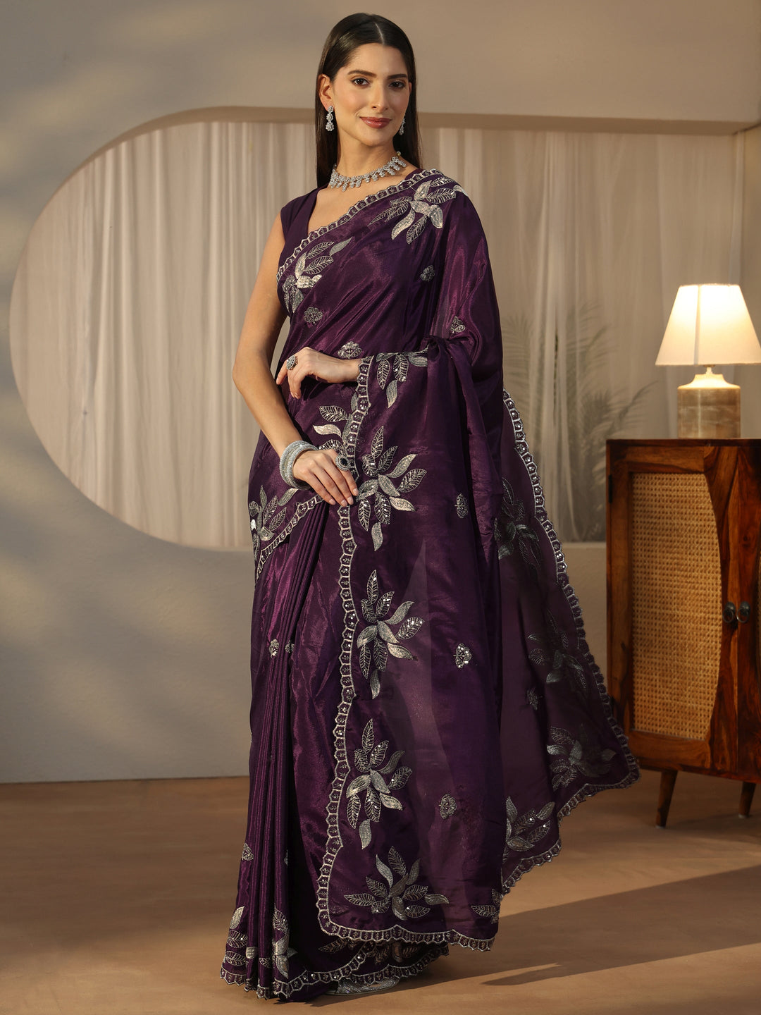  Libas Imperial Purple Sequin Embellished Leafy Pattern Satin Saree 