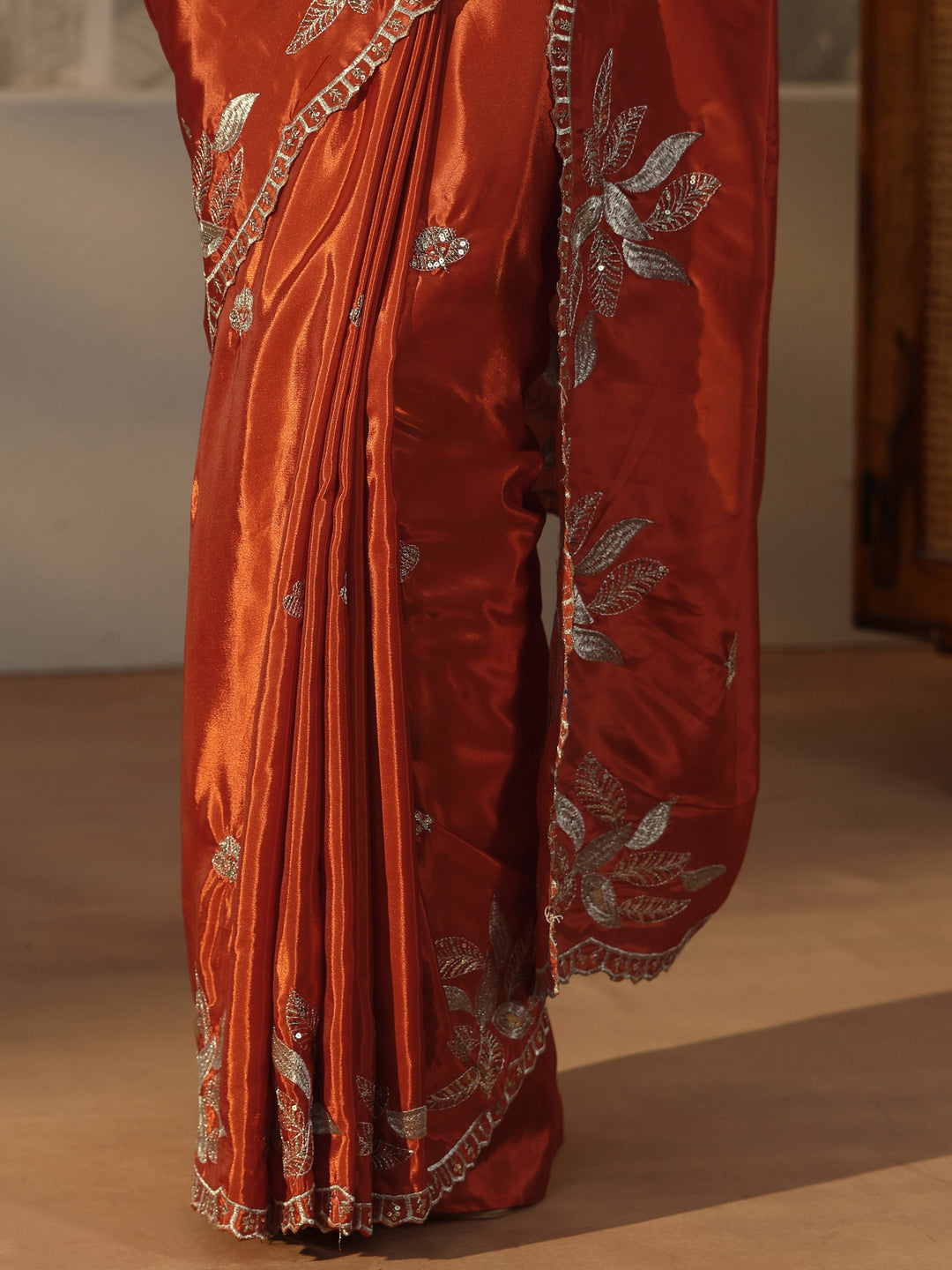  Libas Burnt Orange Sequin Embellished Leafy Pattern Satin Saree 
