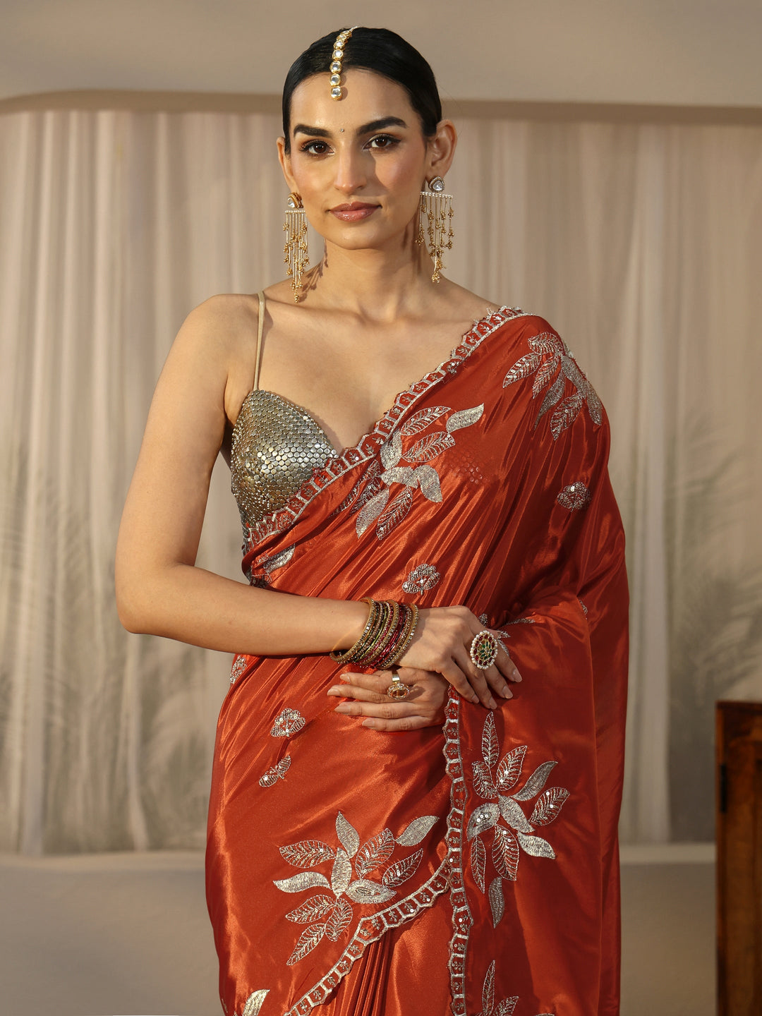  Libas Burnt Orange Sequin Embellished Leafy Pattern Satin Saree 