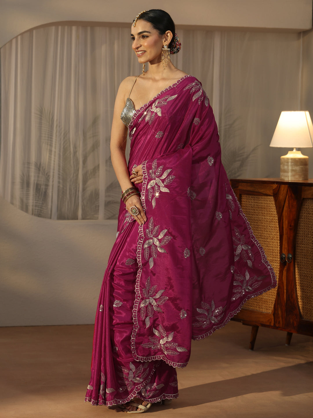  Libas Magenta Pink Sequin Embellished Leafy Pattern Satin Saree 