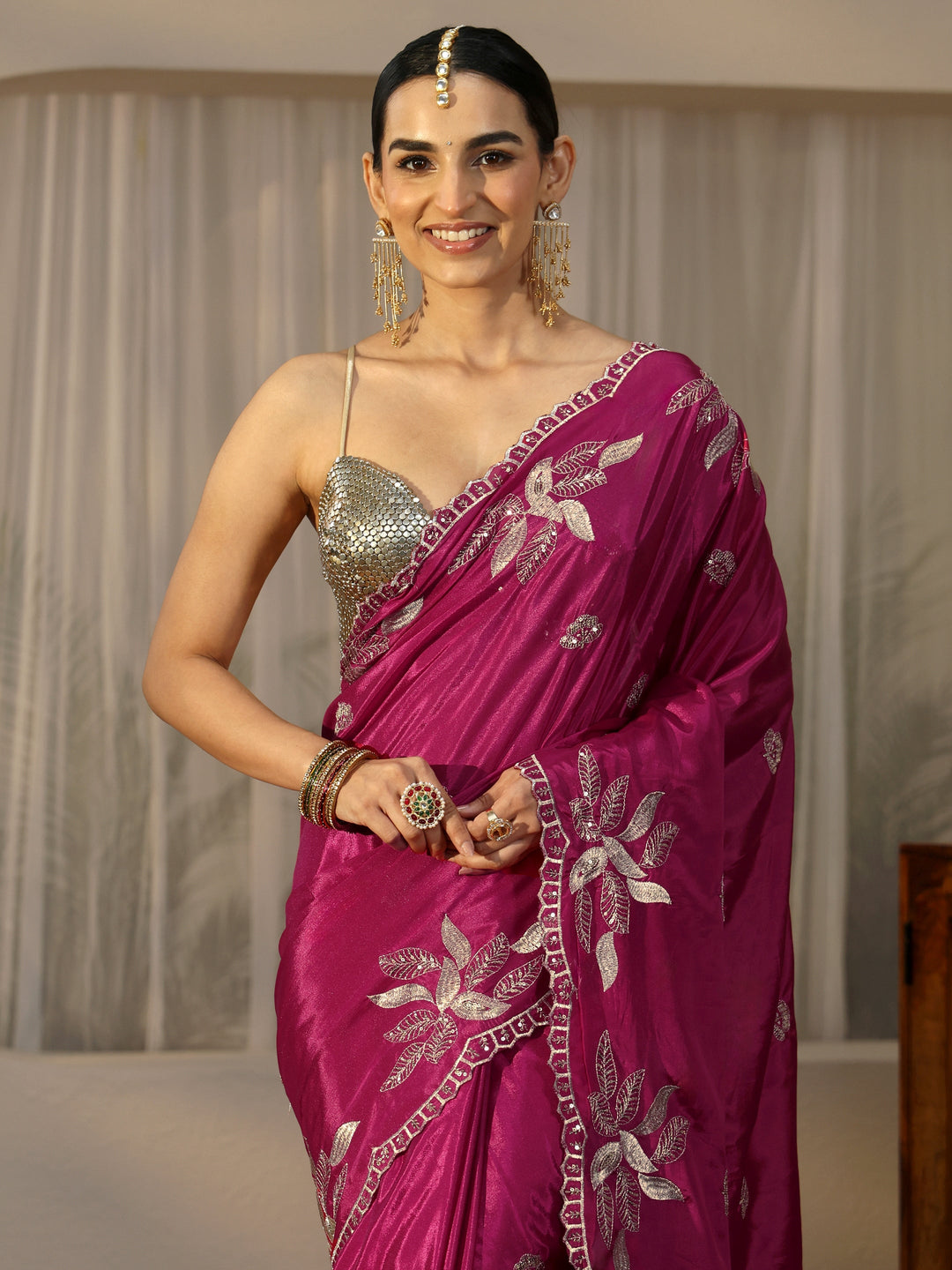  Libas Magenta Pink Sequin Embellished Leafy Pattern Satin Saree 