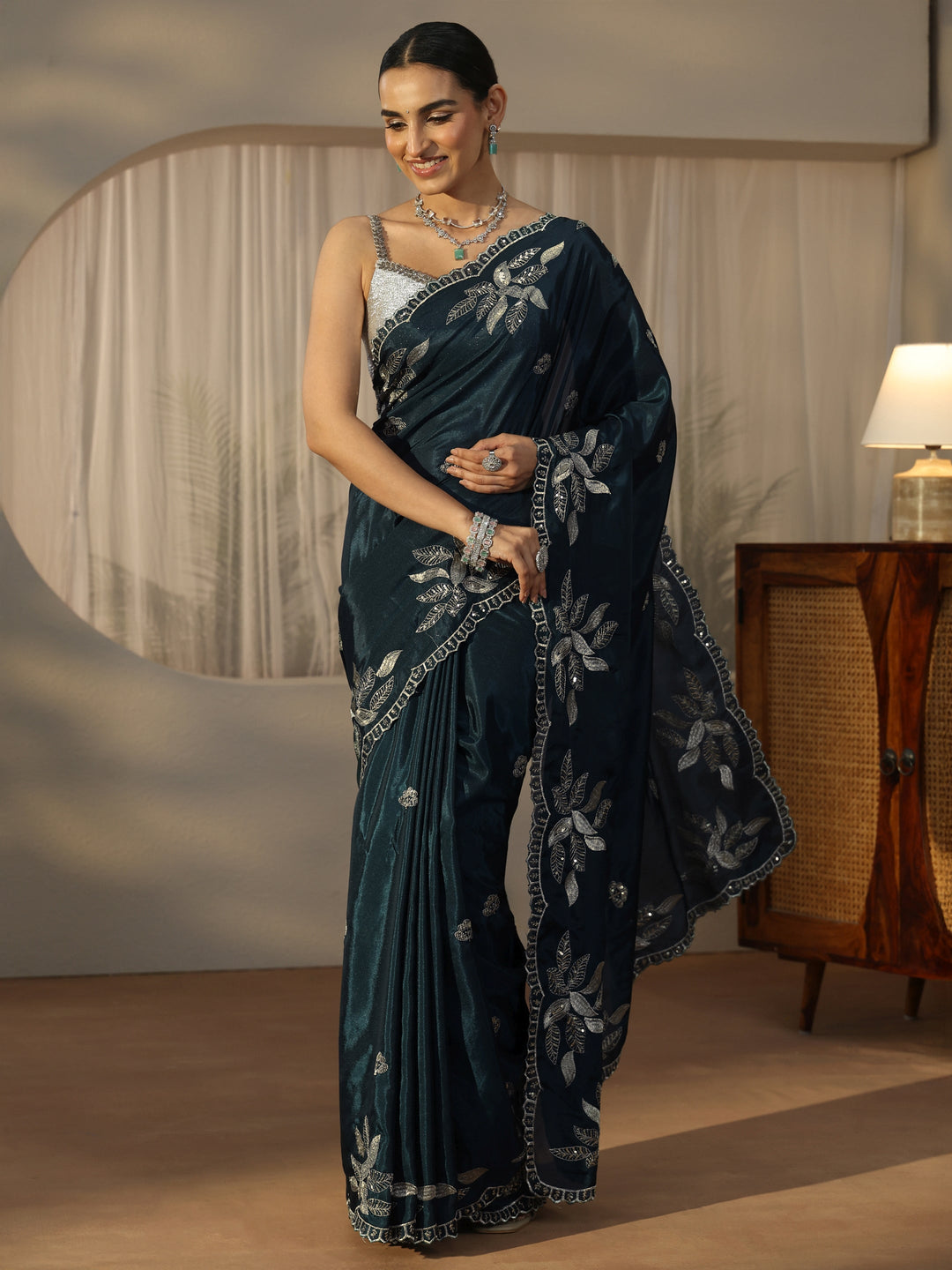  Libas Teal Blue Sequin Embellished Leafy Pattern Satin Saree 