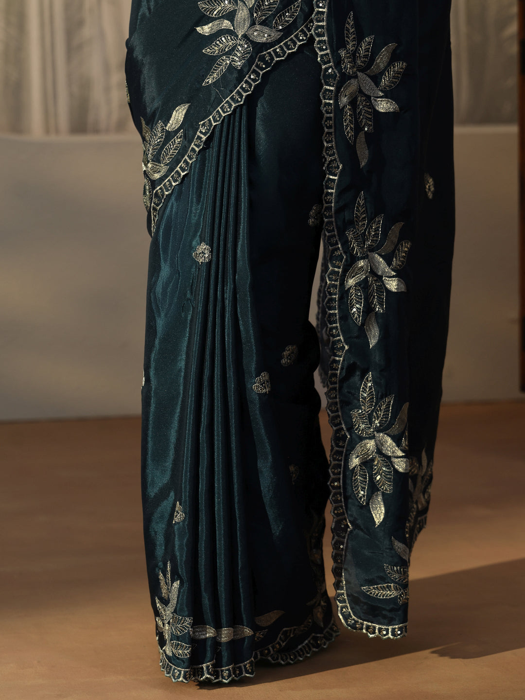  Libas Teal Blue Sequin Embellished Leafy Pattern Satin Saree 