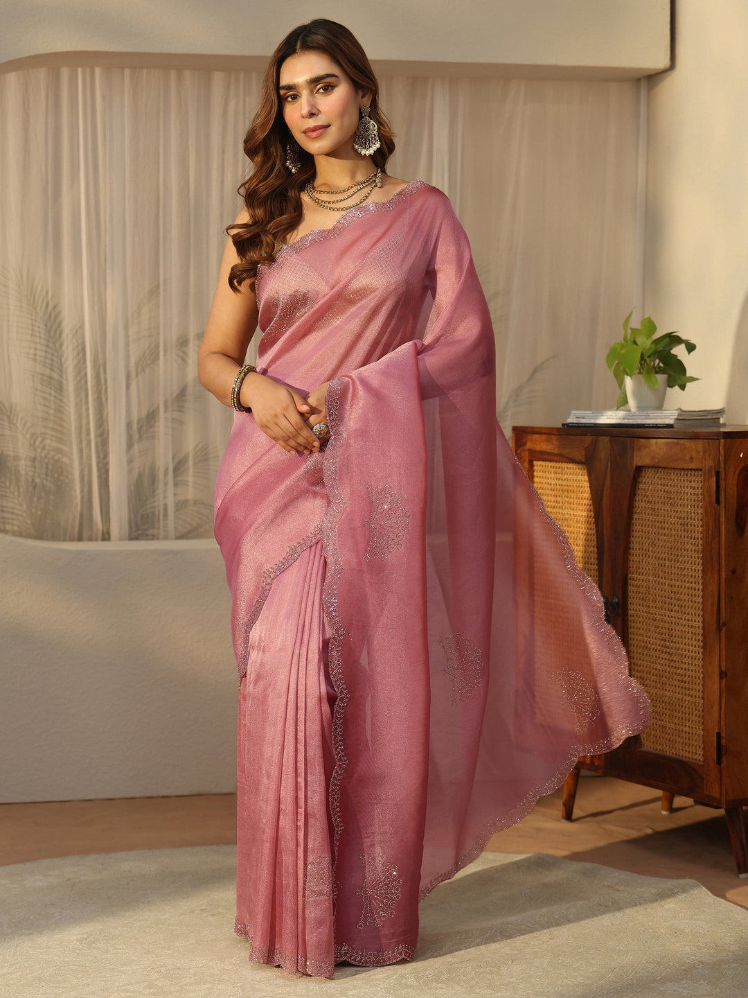  Libas Dusty Pink Embellished Organza Saree with Scalloped Border 