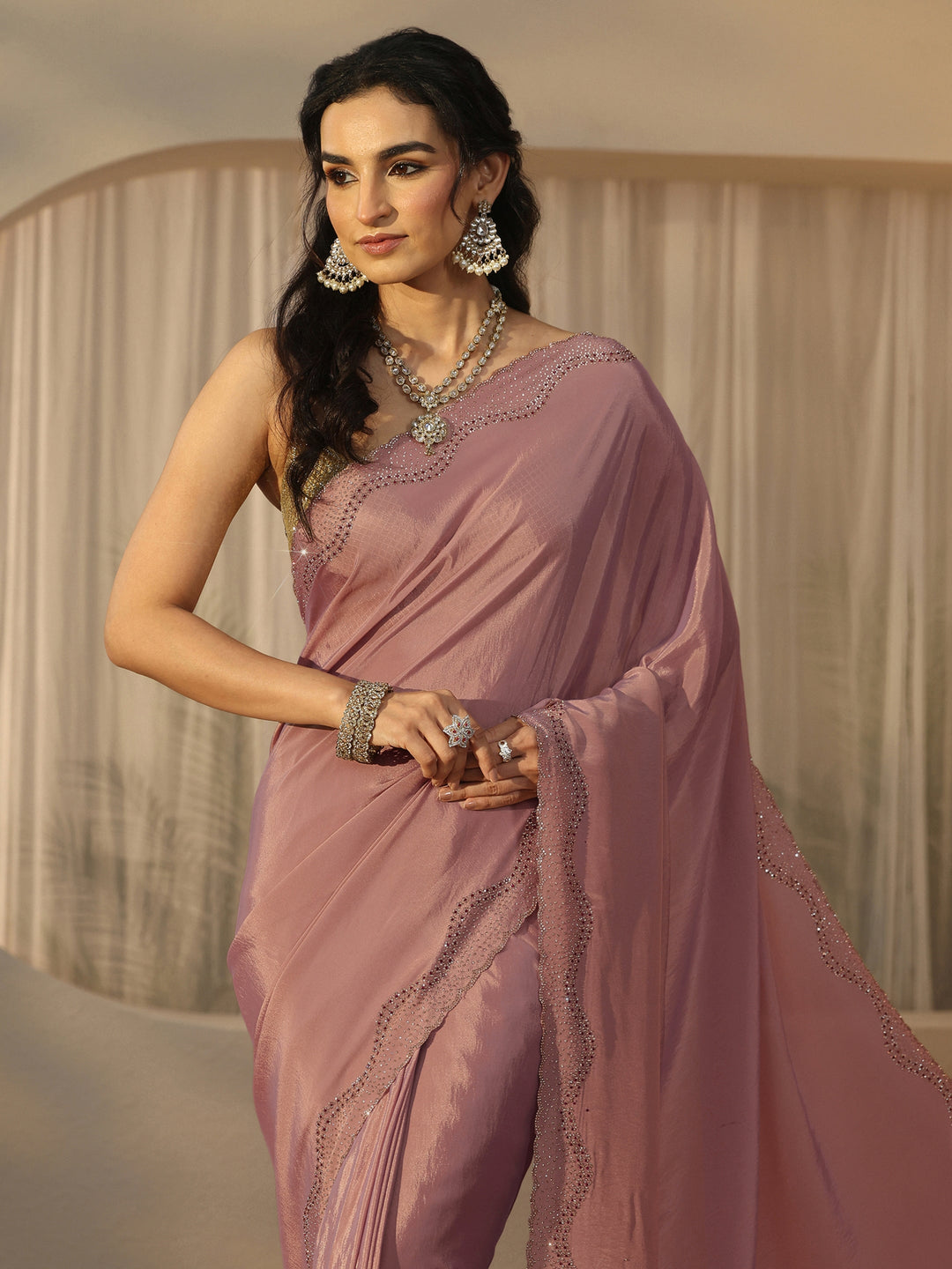  Libas Lavender Satin Saree with Embellished Border 