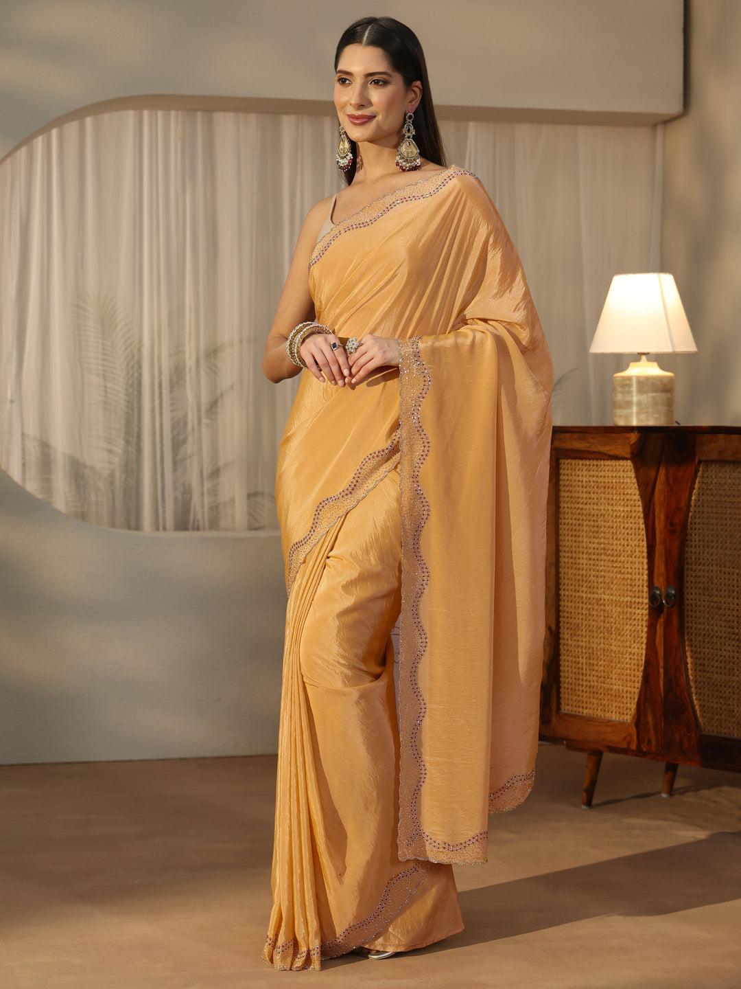  Libas Mustard Satin Saree with Embellished Border 