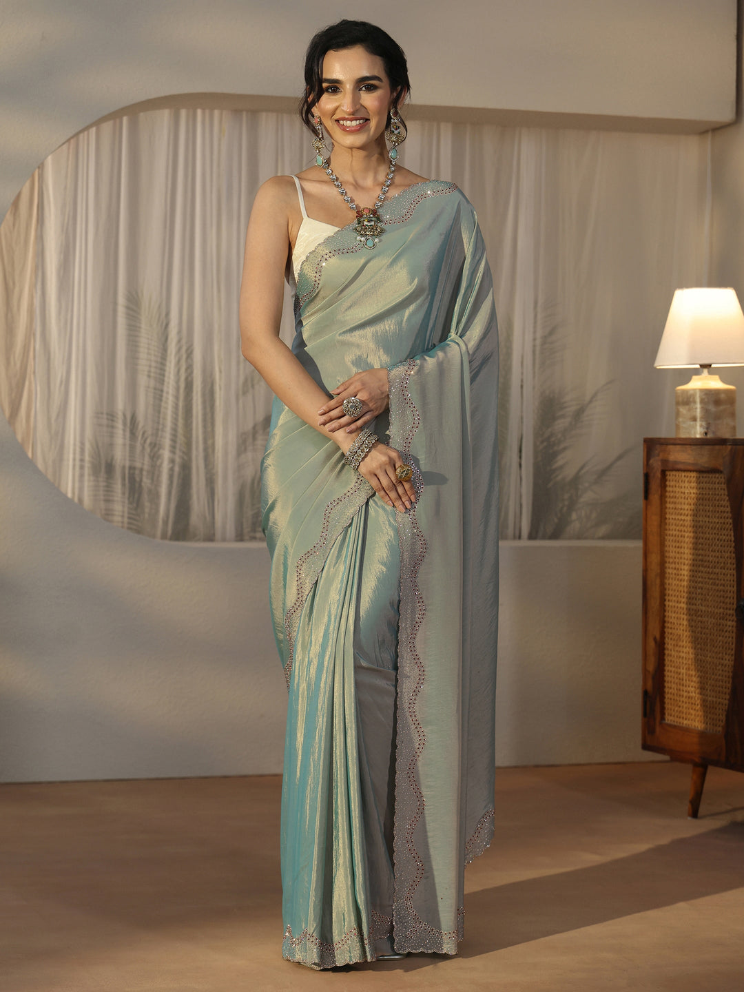  Libas Ice Blue Embellished Satin Saree with Scalloped Border 