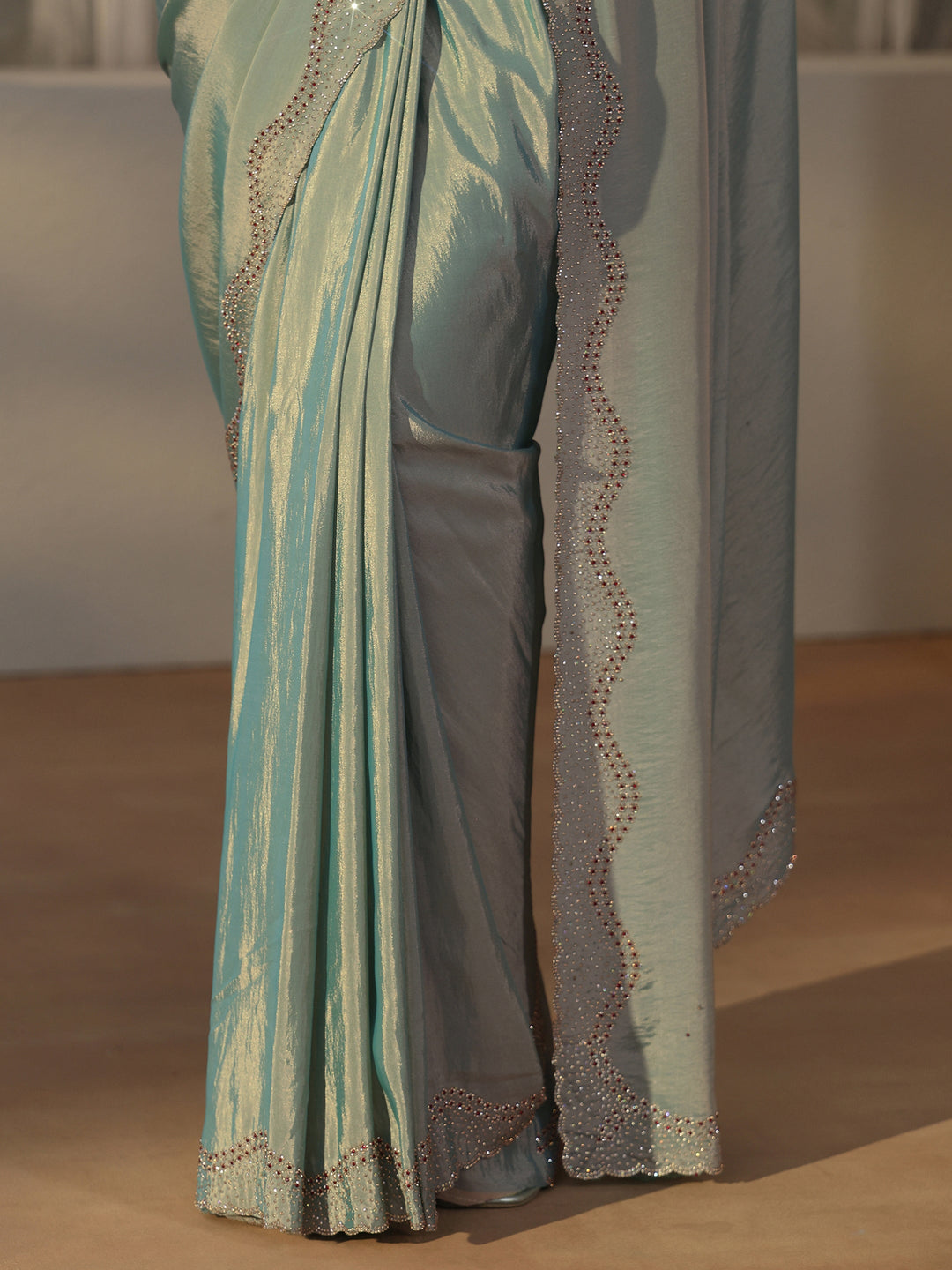  Libas Ice Blue Embellished Satin Saree with Scalloped Border 