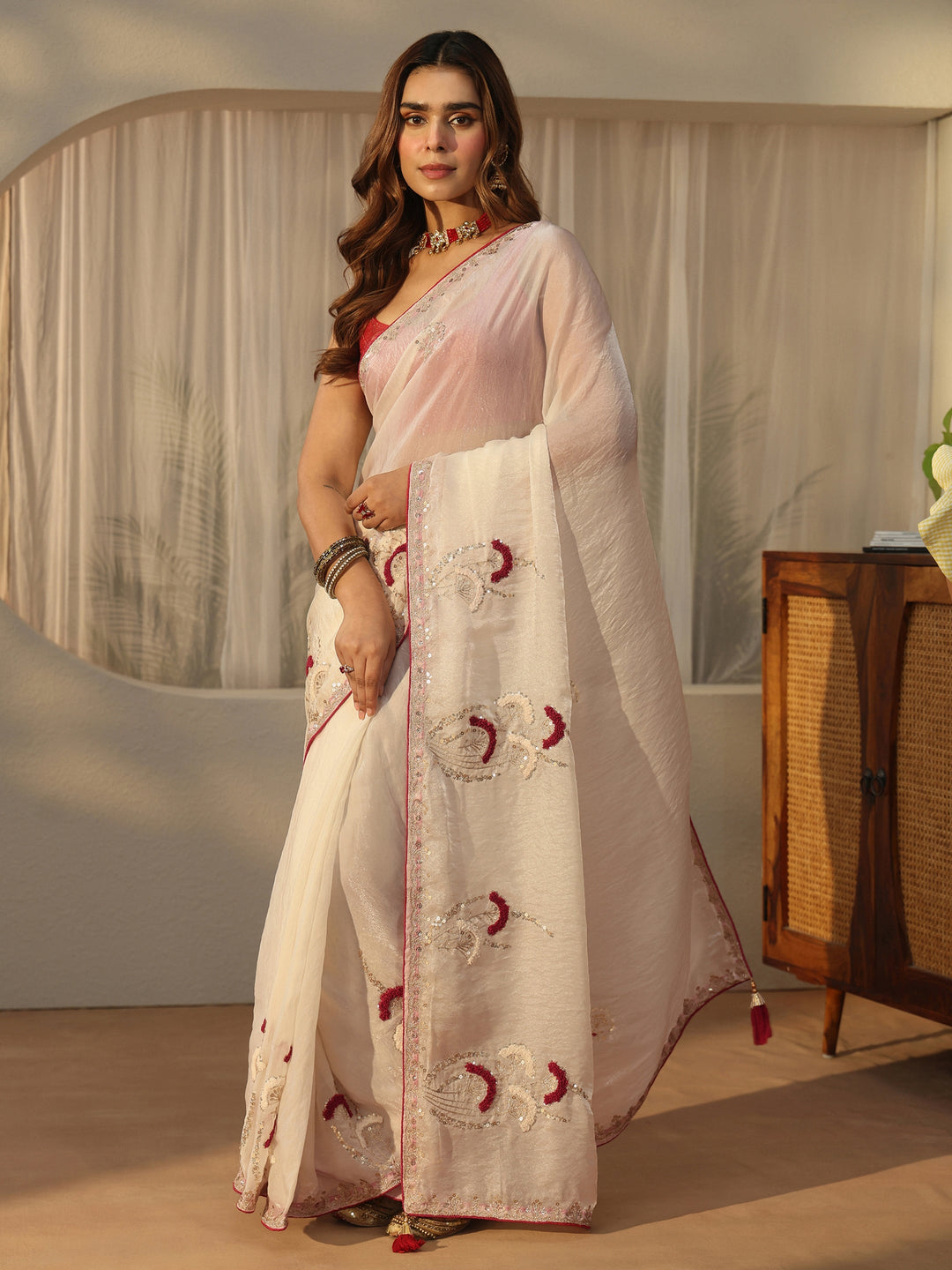  Libas Cream Sequin Embellished Tissue Saree 