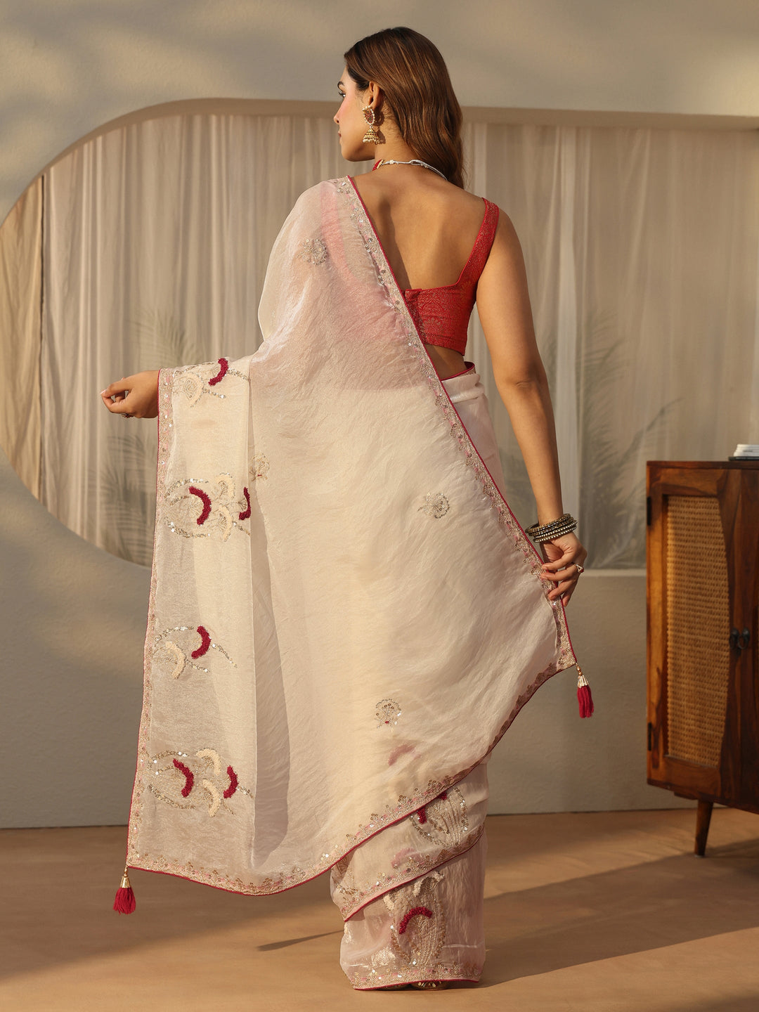  Libas Cream Sequin Embellished Tissue Saree 