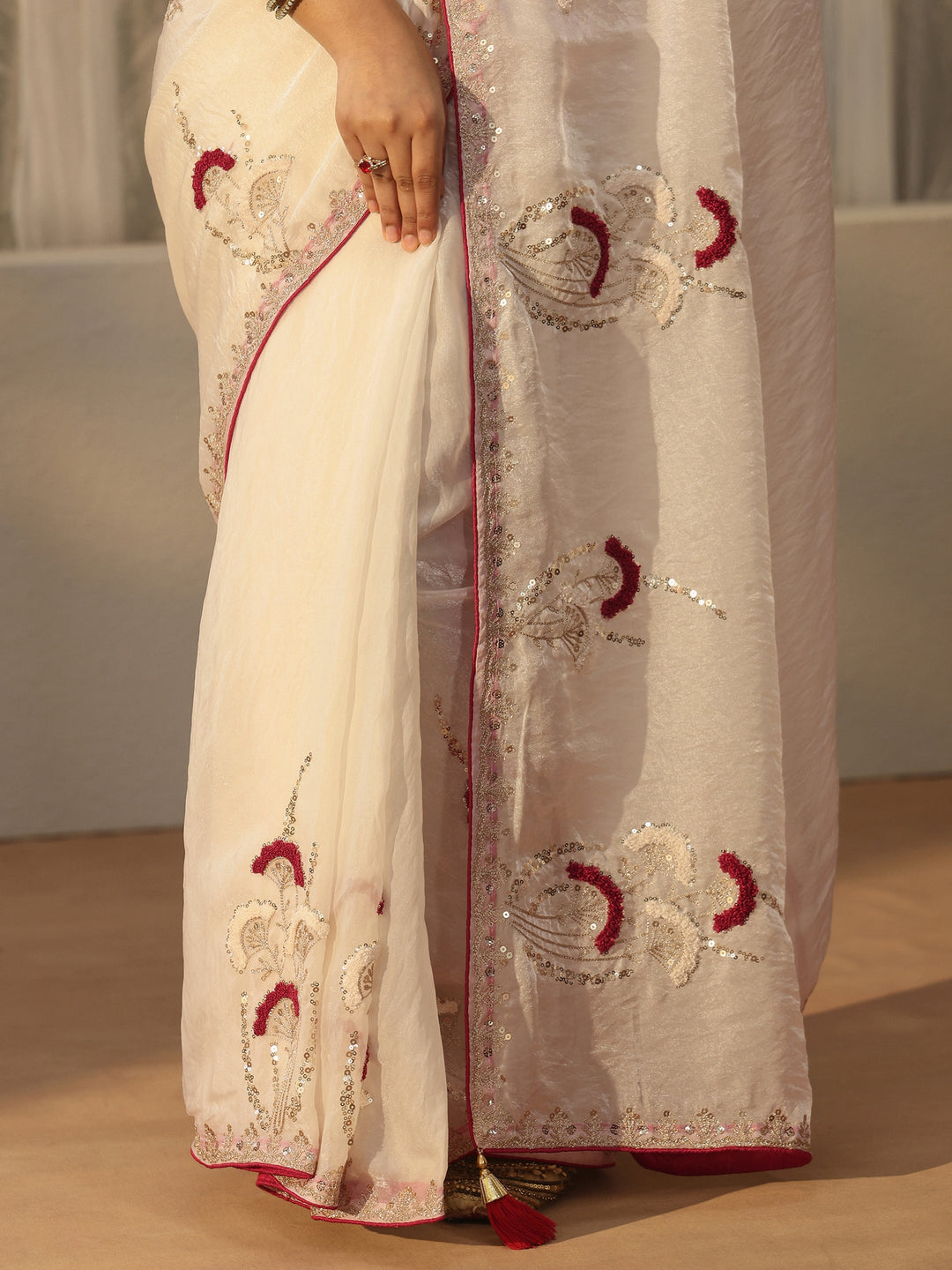  Libas Cream Sequin Embellished Tissue Saree 