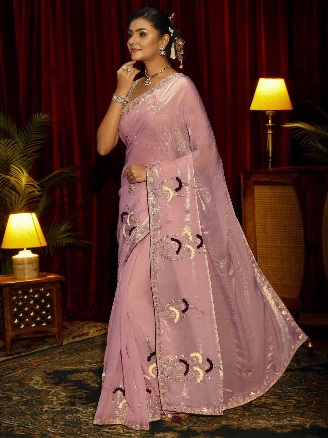  Libas Lavender Sequin Embellished Tissue Saree 