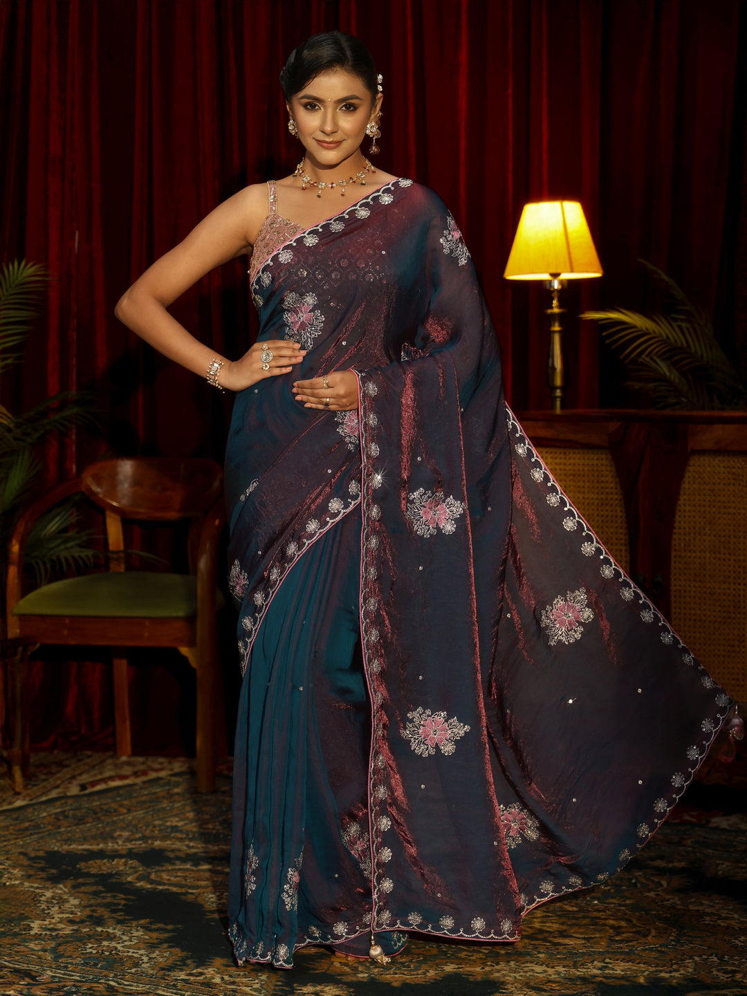  Libas Maroon Floral Embroidered Tissue Saree 