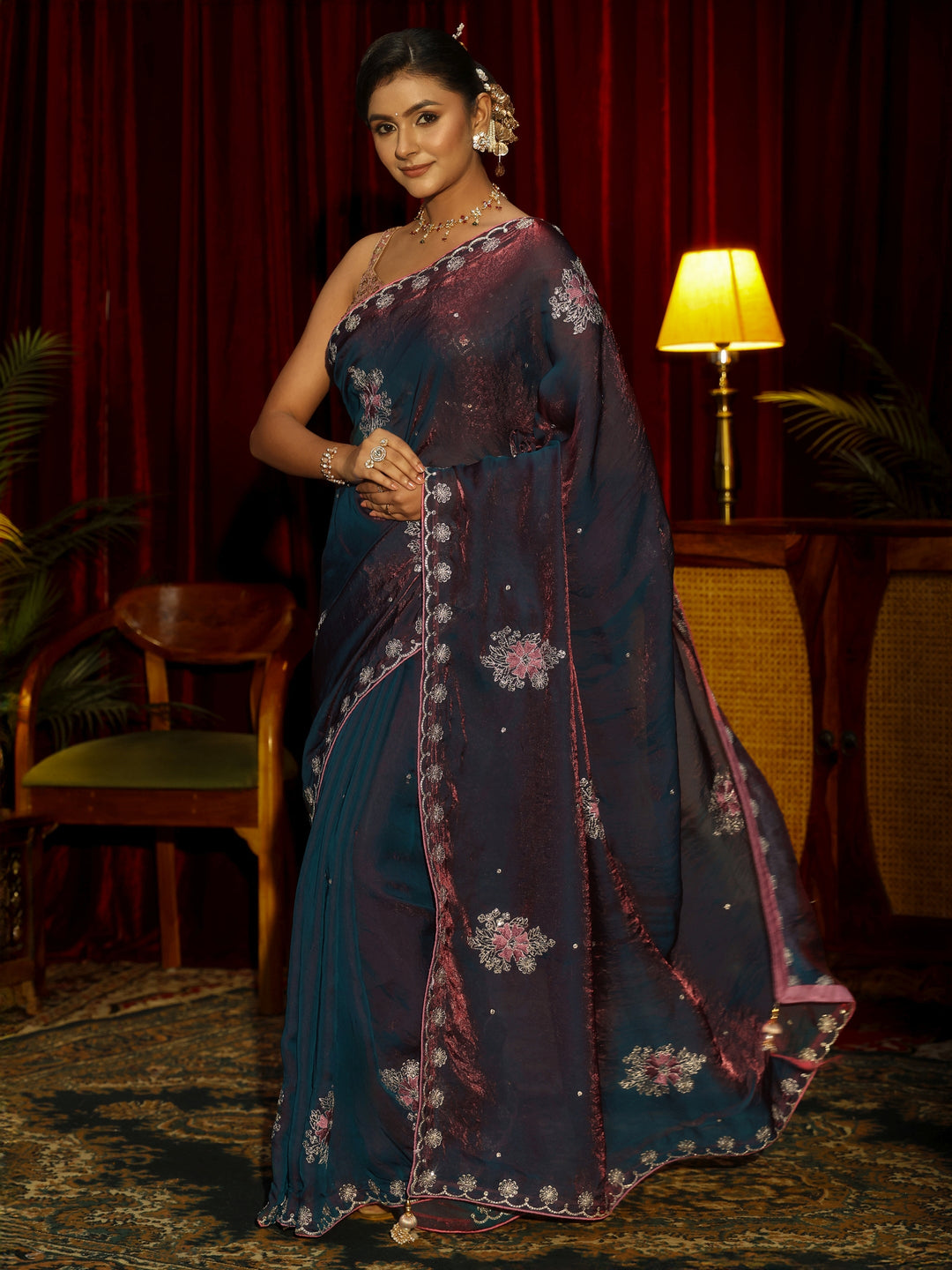  Libas Maroon Floral Embroidered Tissue Saree 