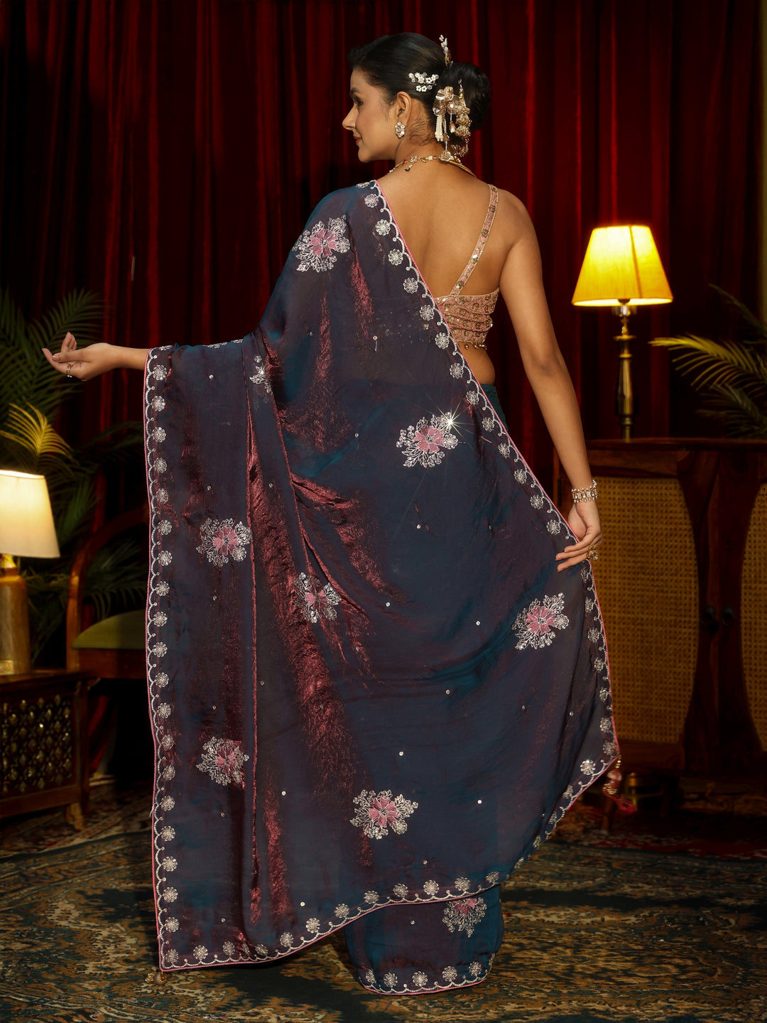  Libas Maroon Floral Embroidered Tissue Saree 