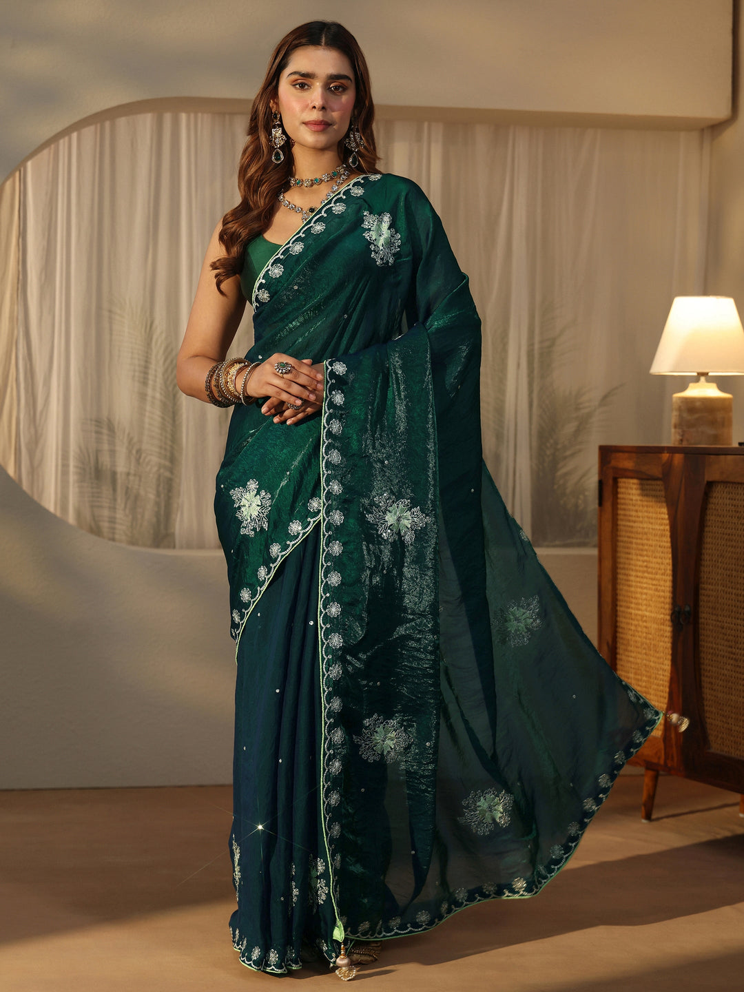  Libas Dark Green Floral Embroidered Tissue Saree 