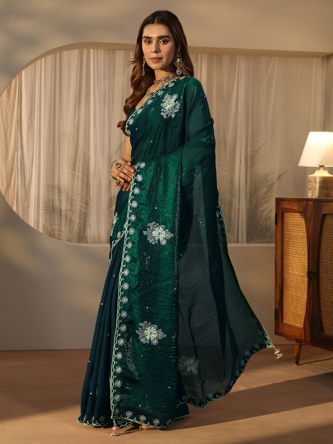  Libas Dark Green Floral Embroidered Tissue Saree 