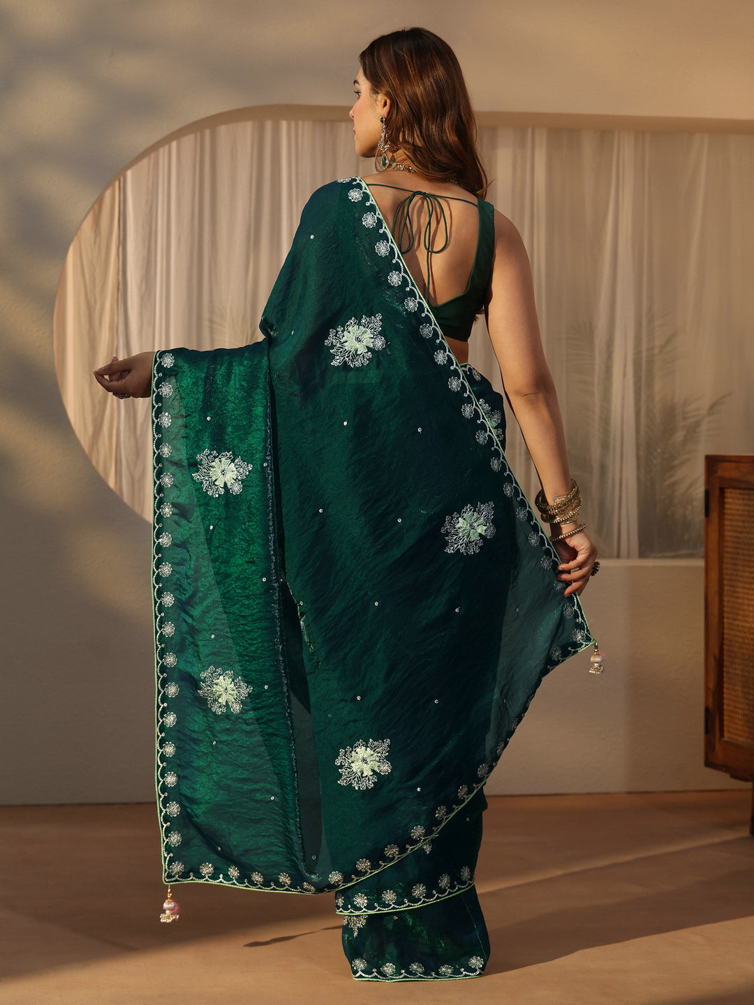  Libas Dark Green Floral Embroidered Tissue Saree 