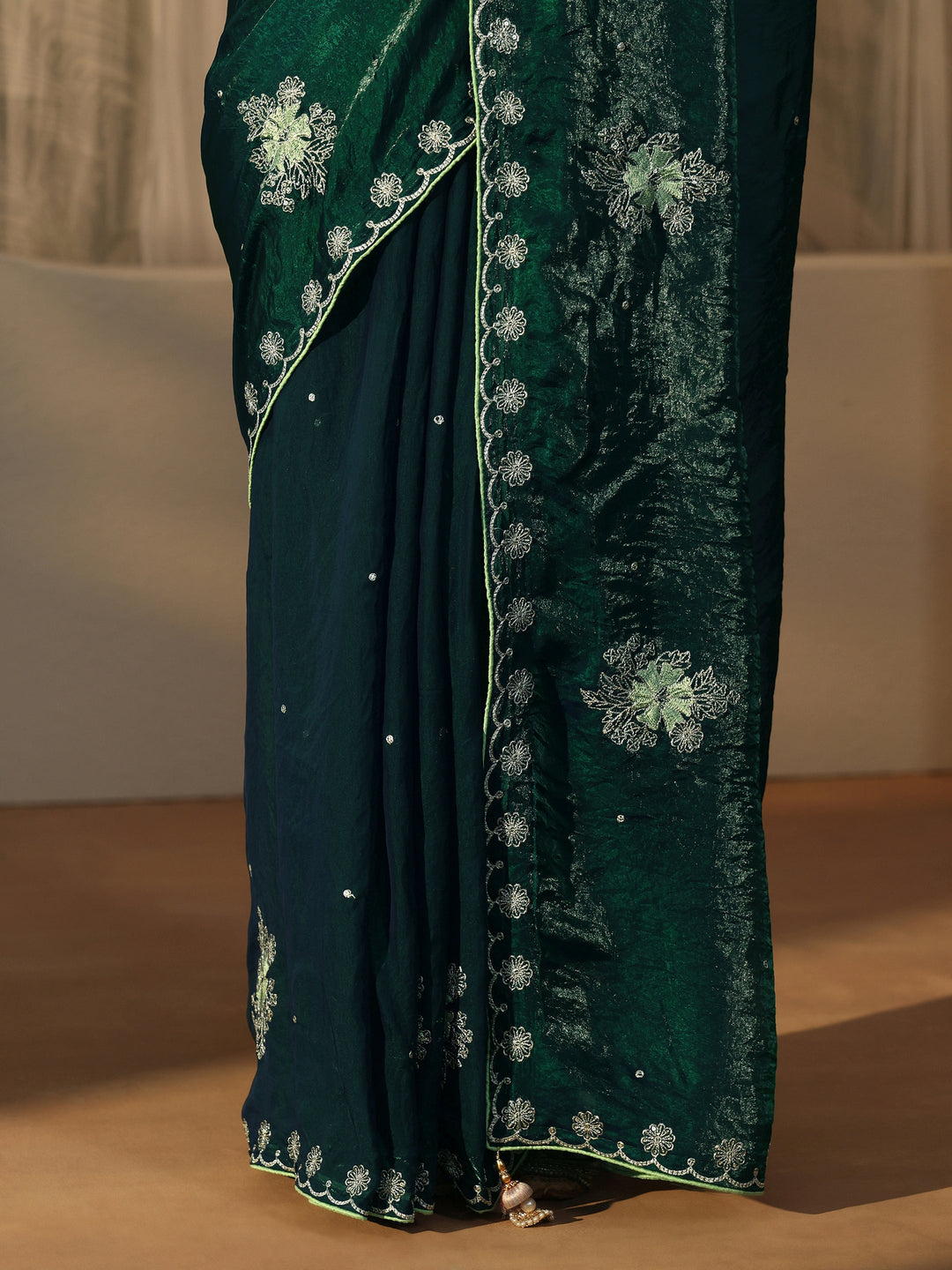  Libas Dark Green Floral Embroidered Tissue Saree 