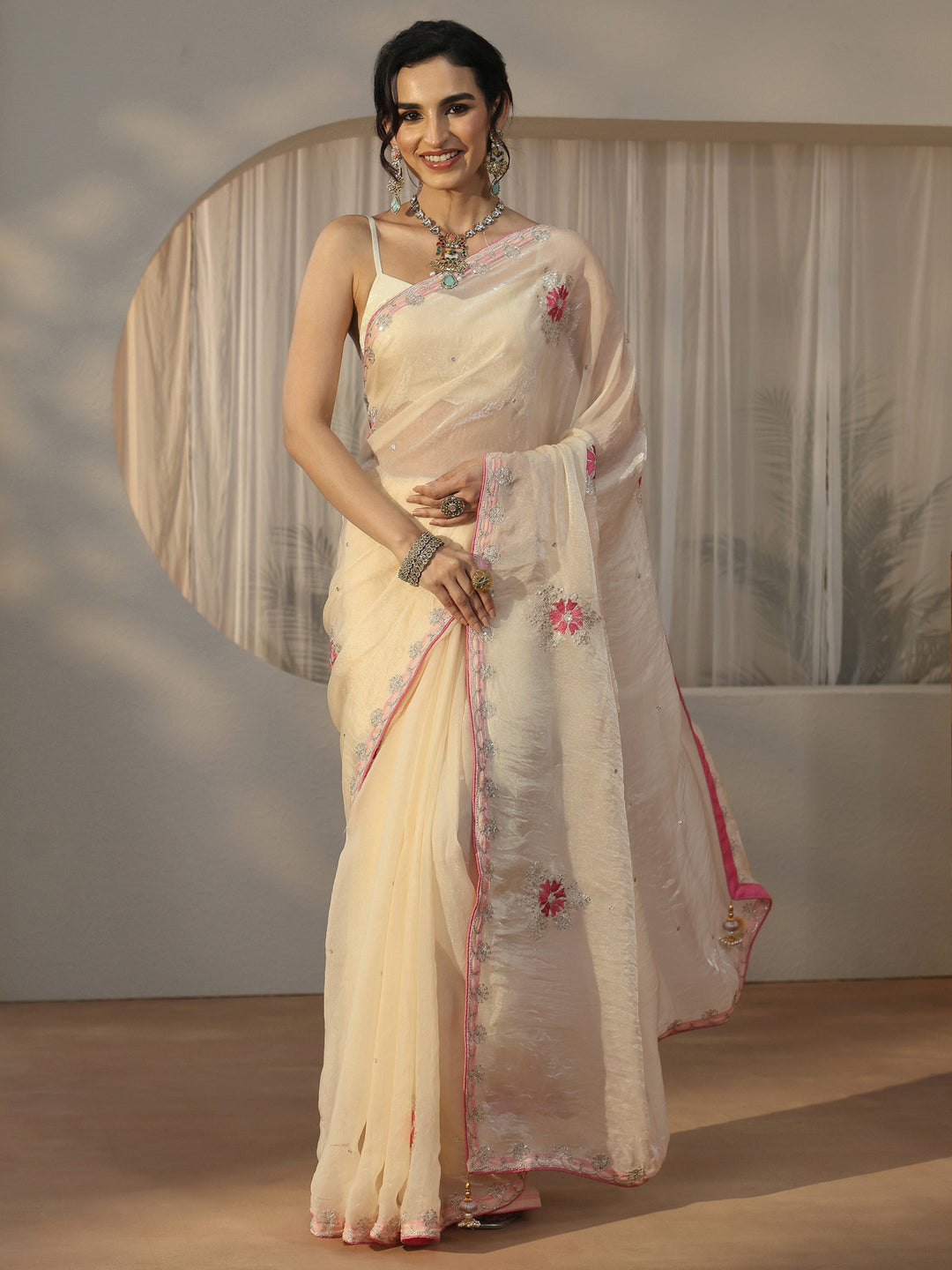  Libas Cream Floral Embroidered Tissue Saree 