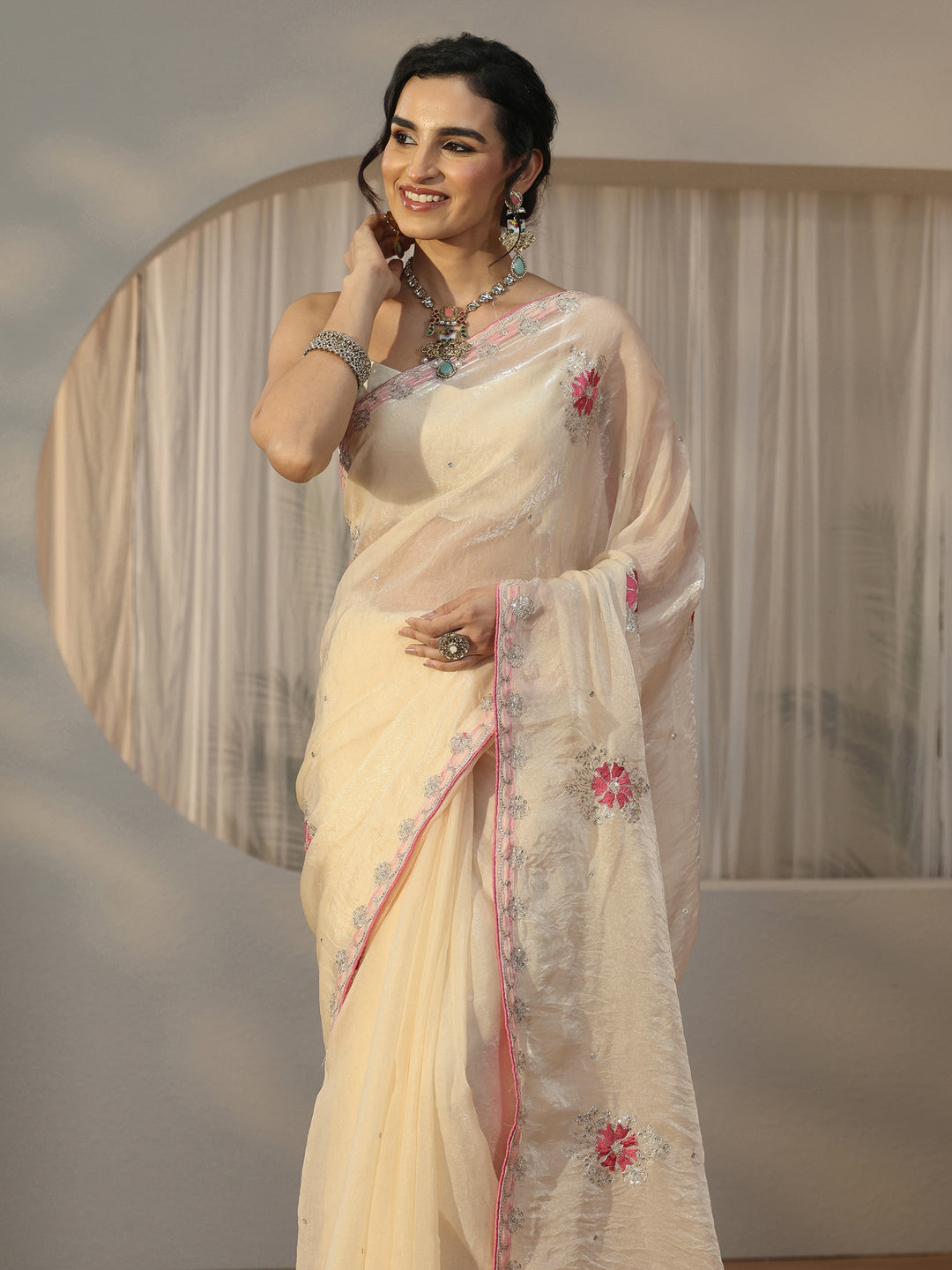 Libas Cream Floral Embroidered Tissue Saree 