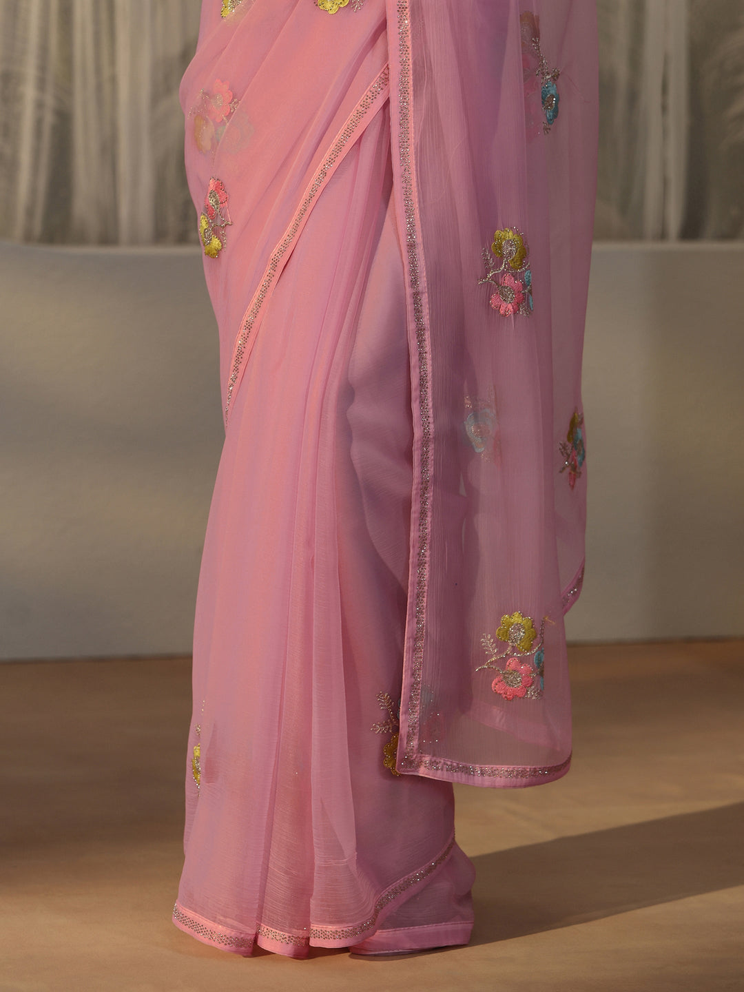  Libas Pink Floral Embroidered Chiffon Saree 