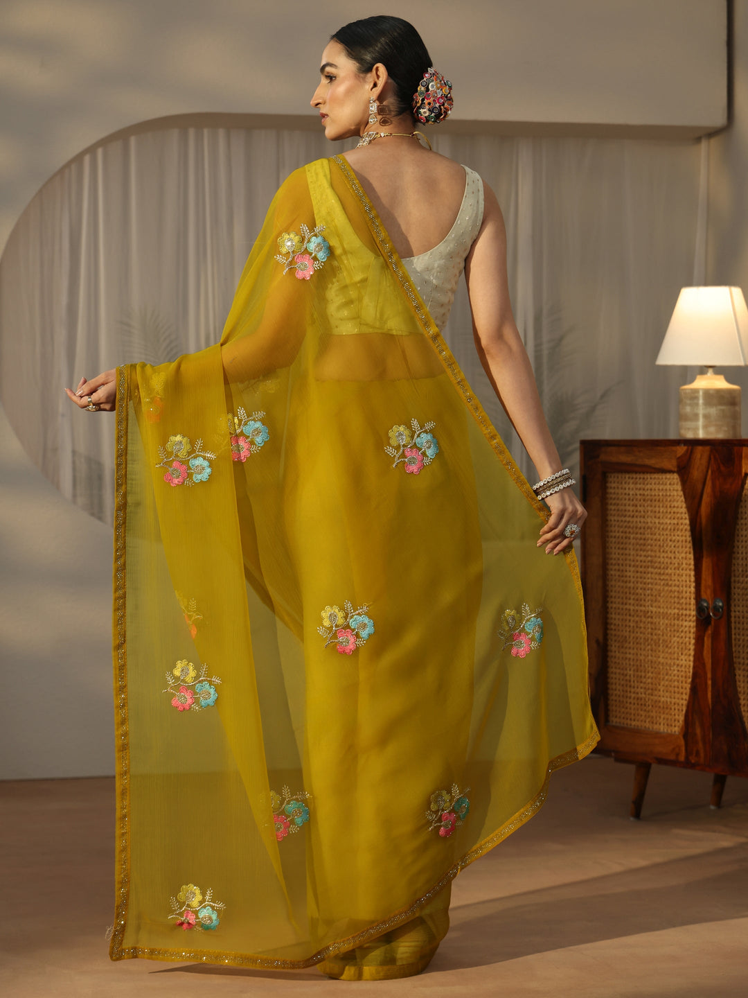  Libas Mustard Floral Embroidered Chiffon Saree 