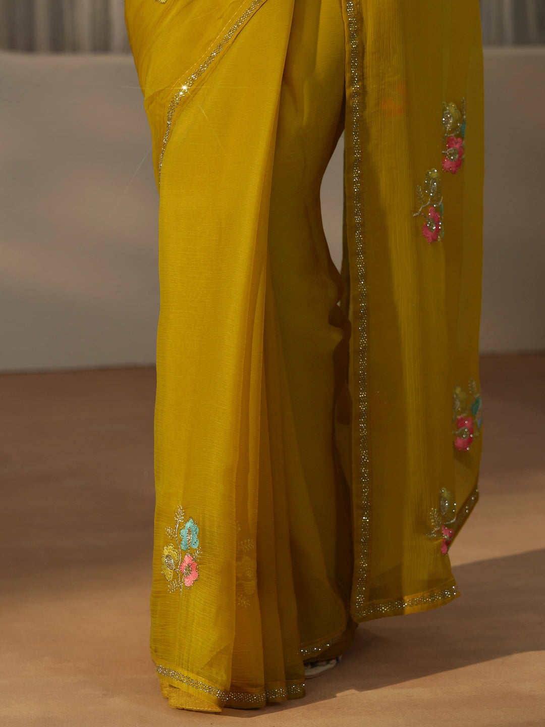 Libas Mustard Floral Embroidered Chiffon Saree 