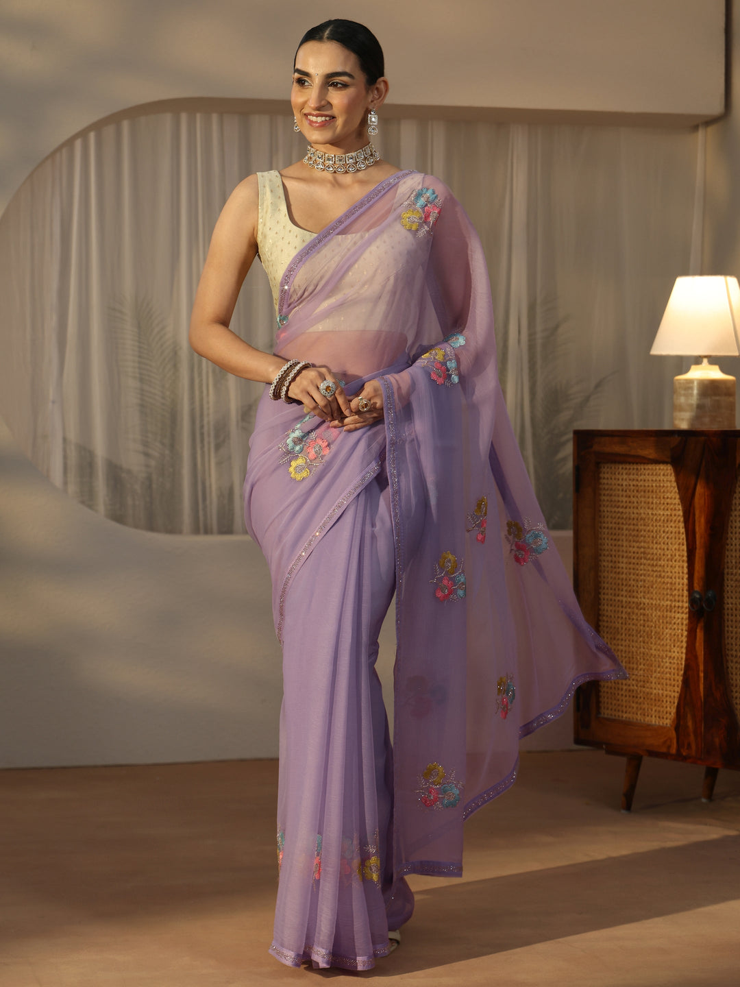  Libas Lavender Floral Embroidered Chiffon Saree 