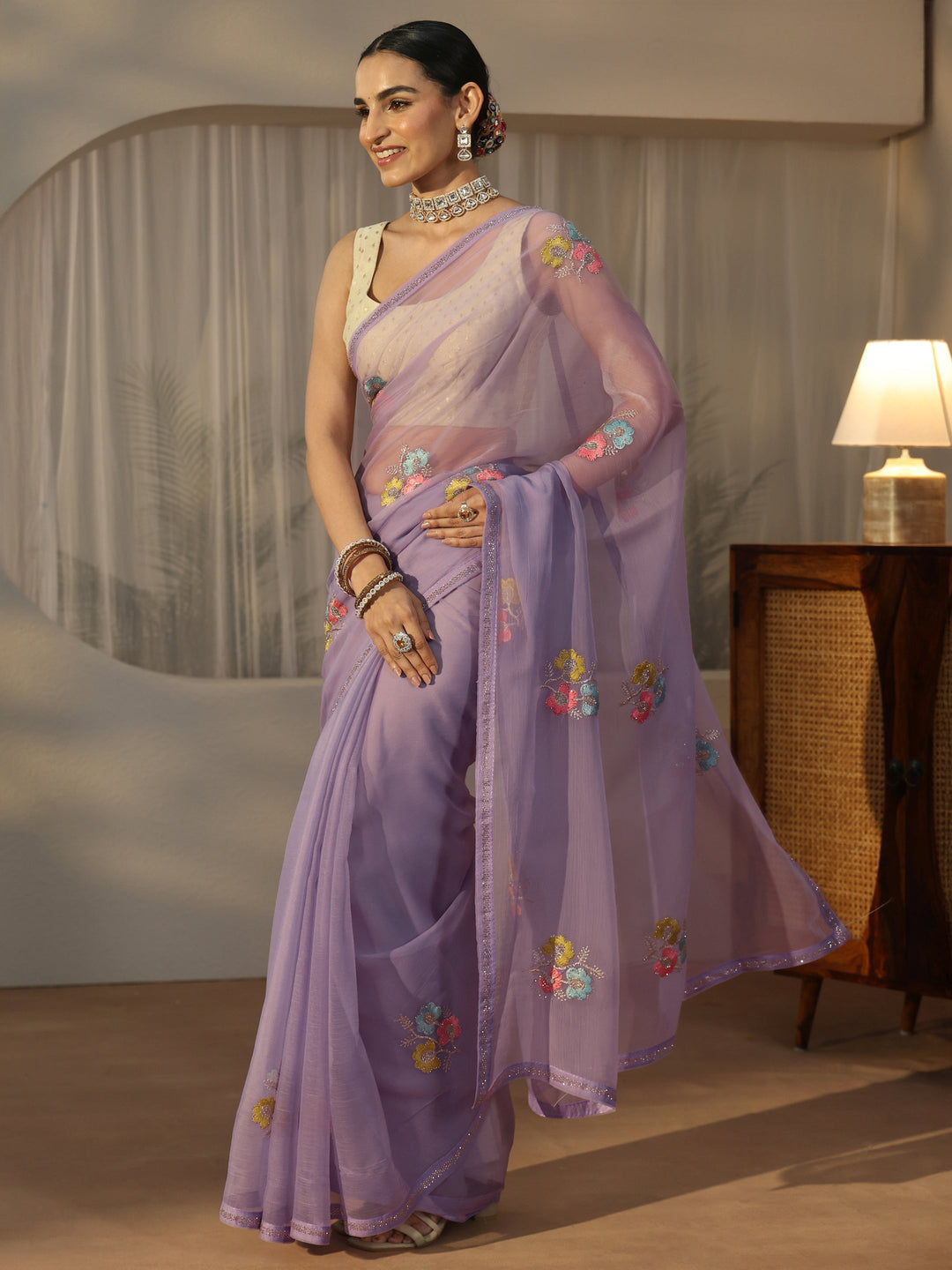  Libas Lavender Floral Embroidered Chiffon Saree 