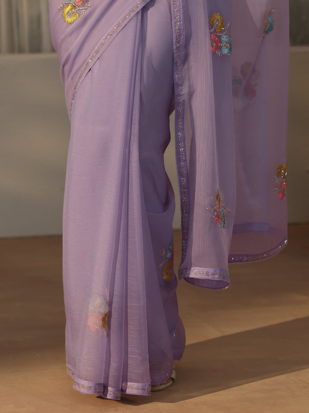 Libas Lavender Floral Embroidered Chiffon Saree 