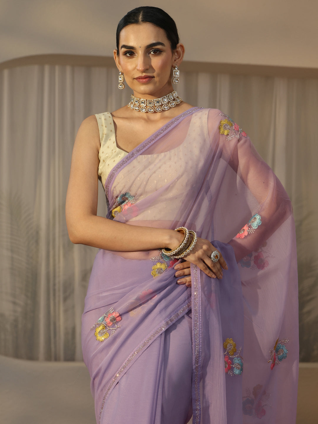  Libas Lavender Floral Embroidered Chiffon Saree 