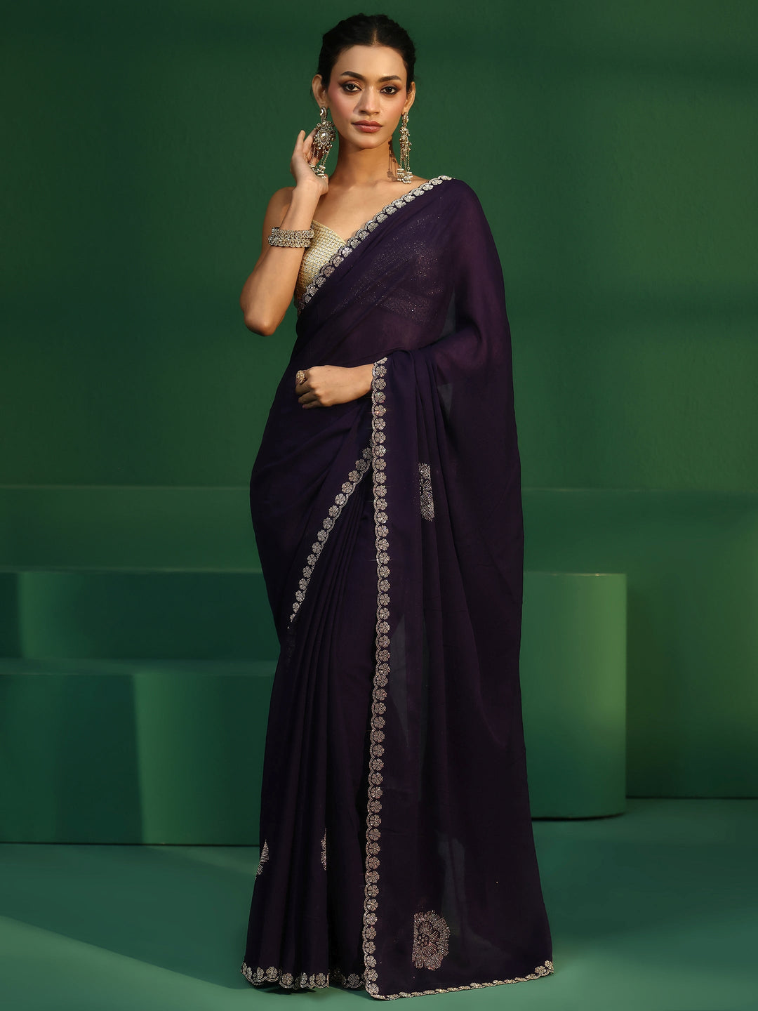 Libas Midnight Purple Embellished Silk Blend Saree 