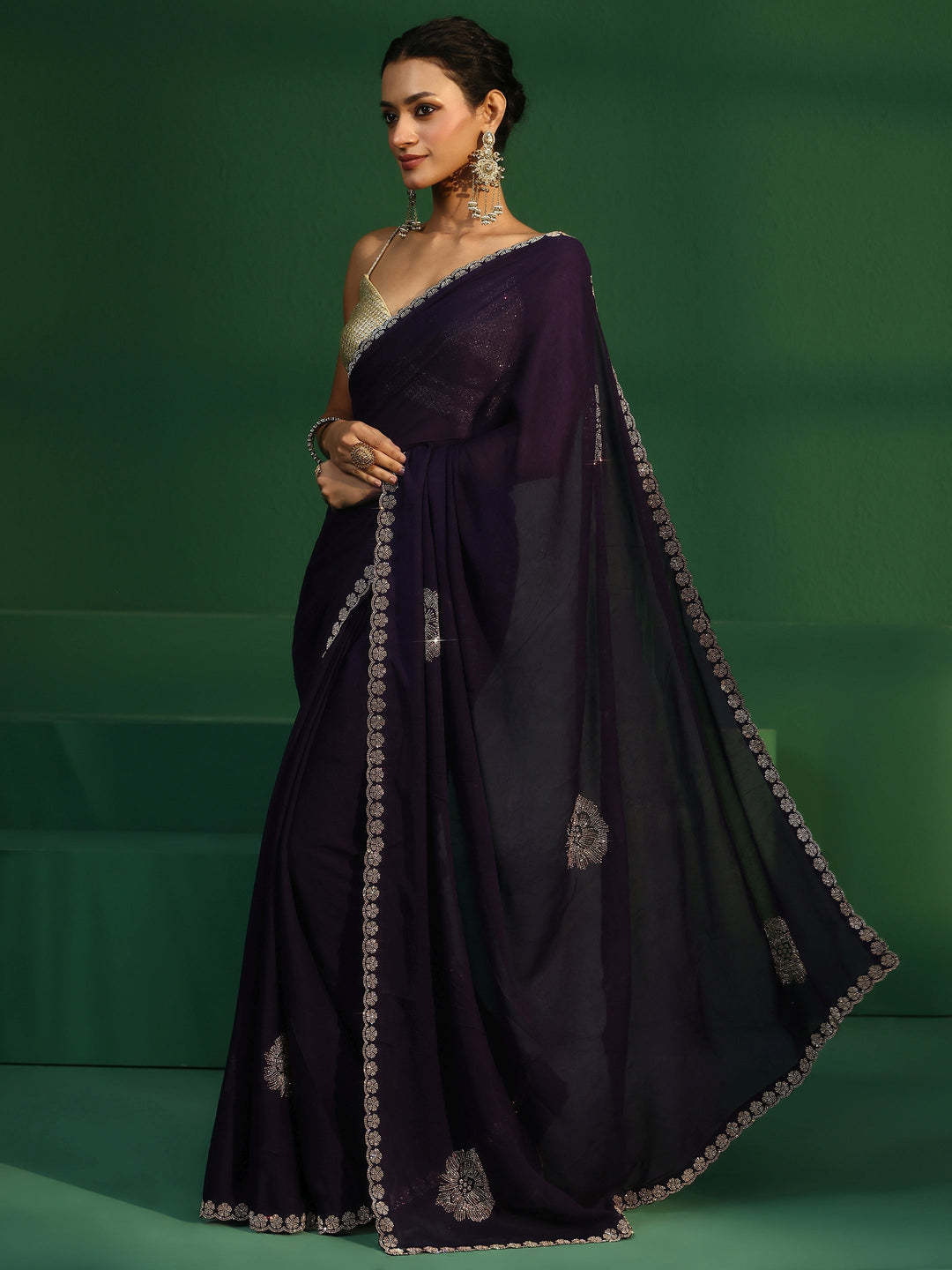  Libas Midnight Purple Embellished Silk Blend Saree 