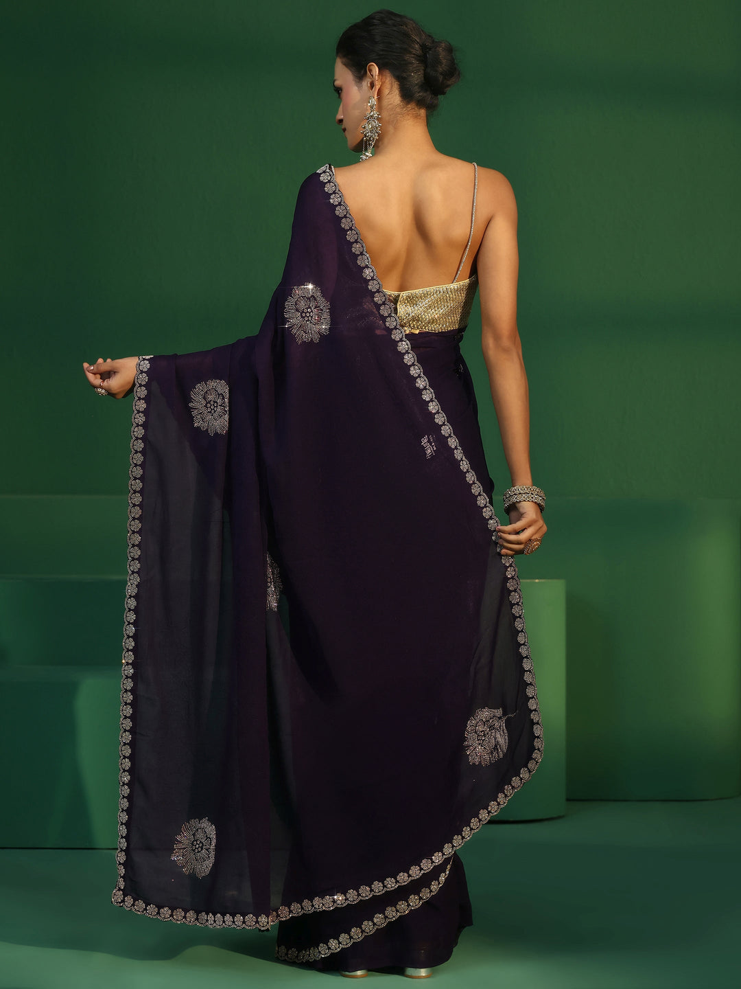  Libas Midnight Purple Embellished Silk Blend Saree 